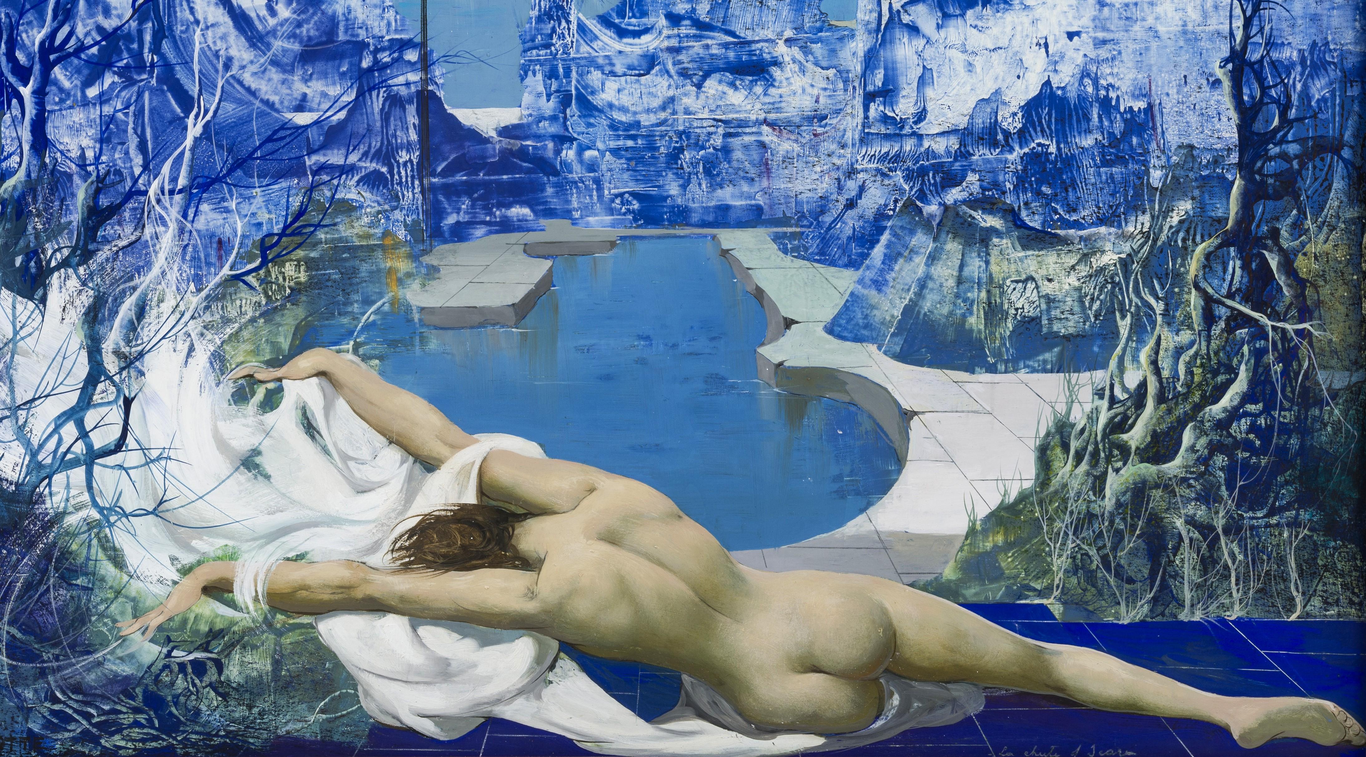 The Fall of Icarus (Blau), Nude Painting, von Marcel Delmotte 