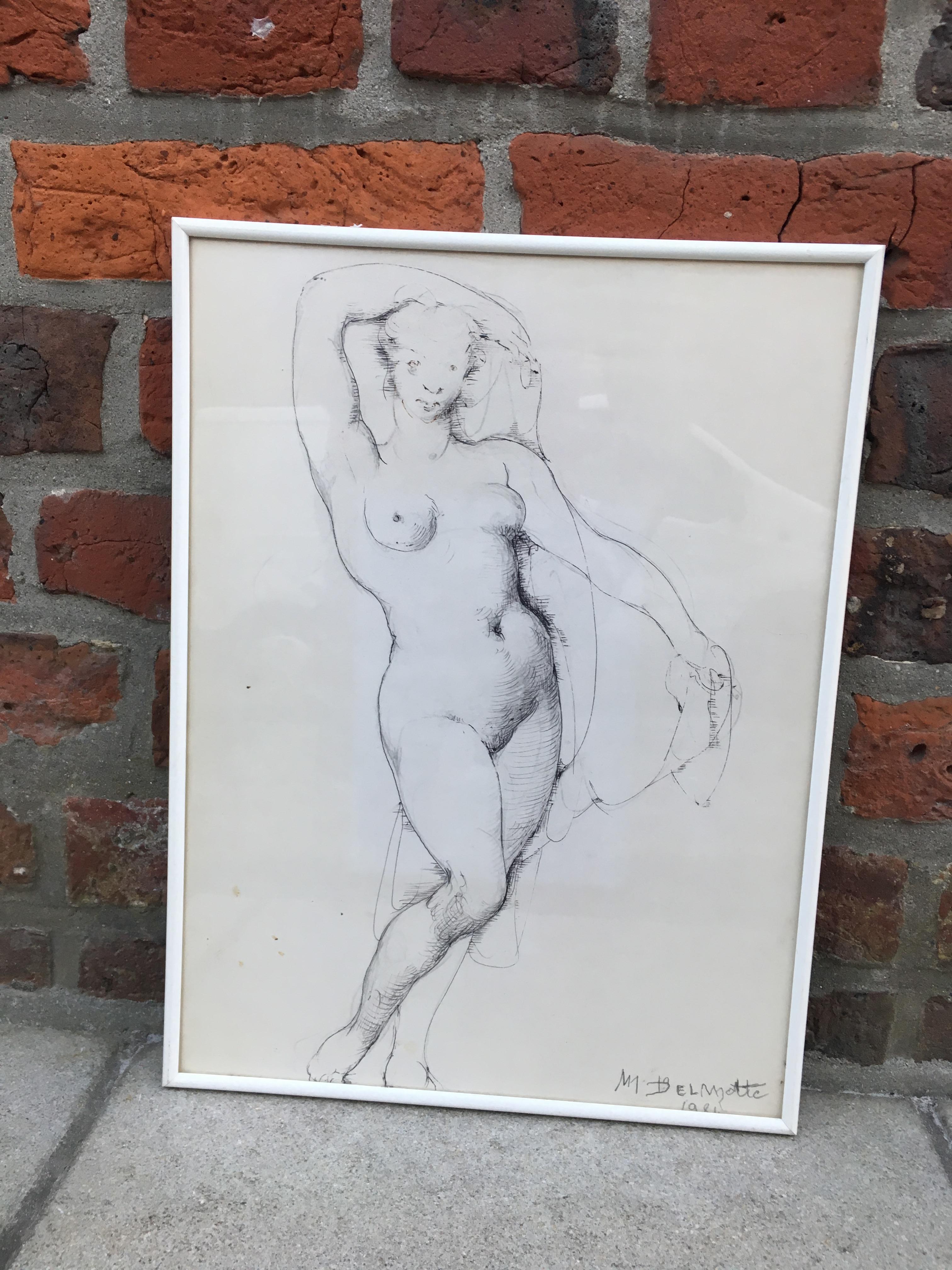 Baroque Revival Marcel Delmotte, Drawing Signed and Dated 1981 For Sale