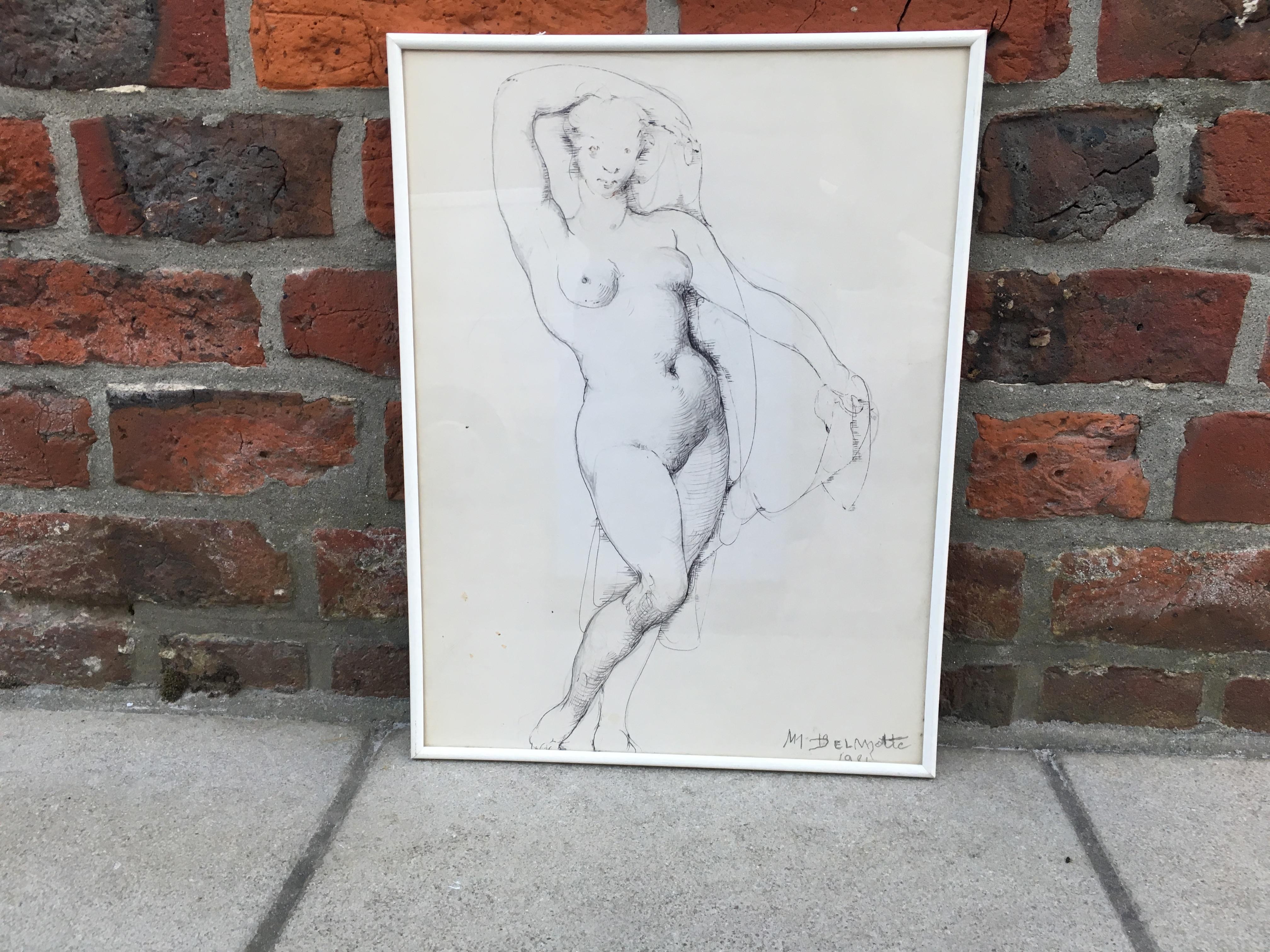 Paper Marcel Delmotte, Drawing Signed and Dated 1981 For Sale
