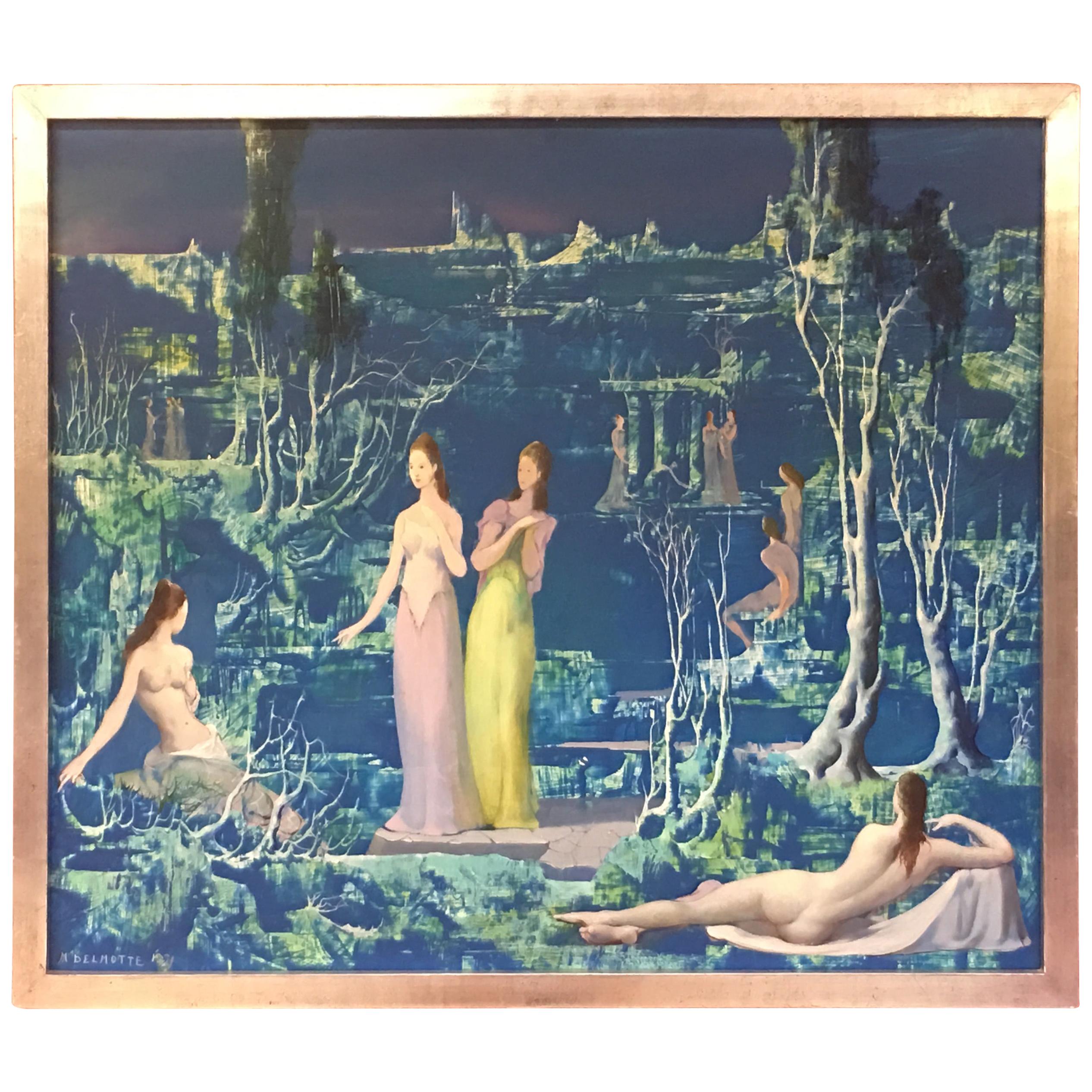 Marcel Delmotte, "femmes dans un parc" Oil on Canvas, Signed