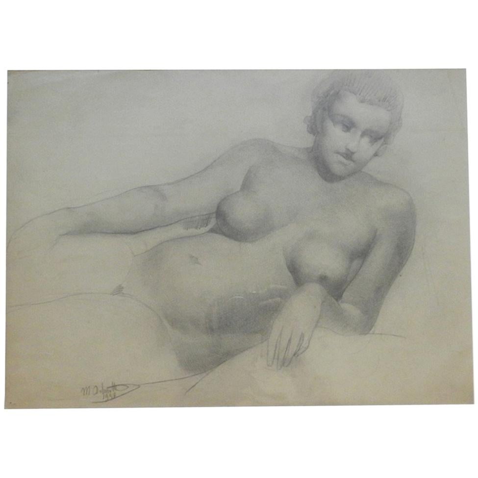 « Nude Couché », dessin de Marcel Delmotte signé M. Delmotte et daté
