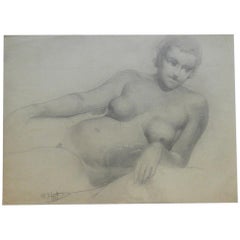 Marcel Delmotte "Nude Couché", disegno firmato M. Delmotte e datato