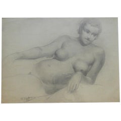 Marcel Delmotte "Nude Couché", Drawing Signed M. Delmotte and Dated