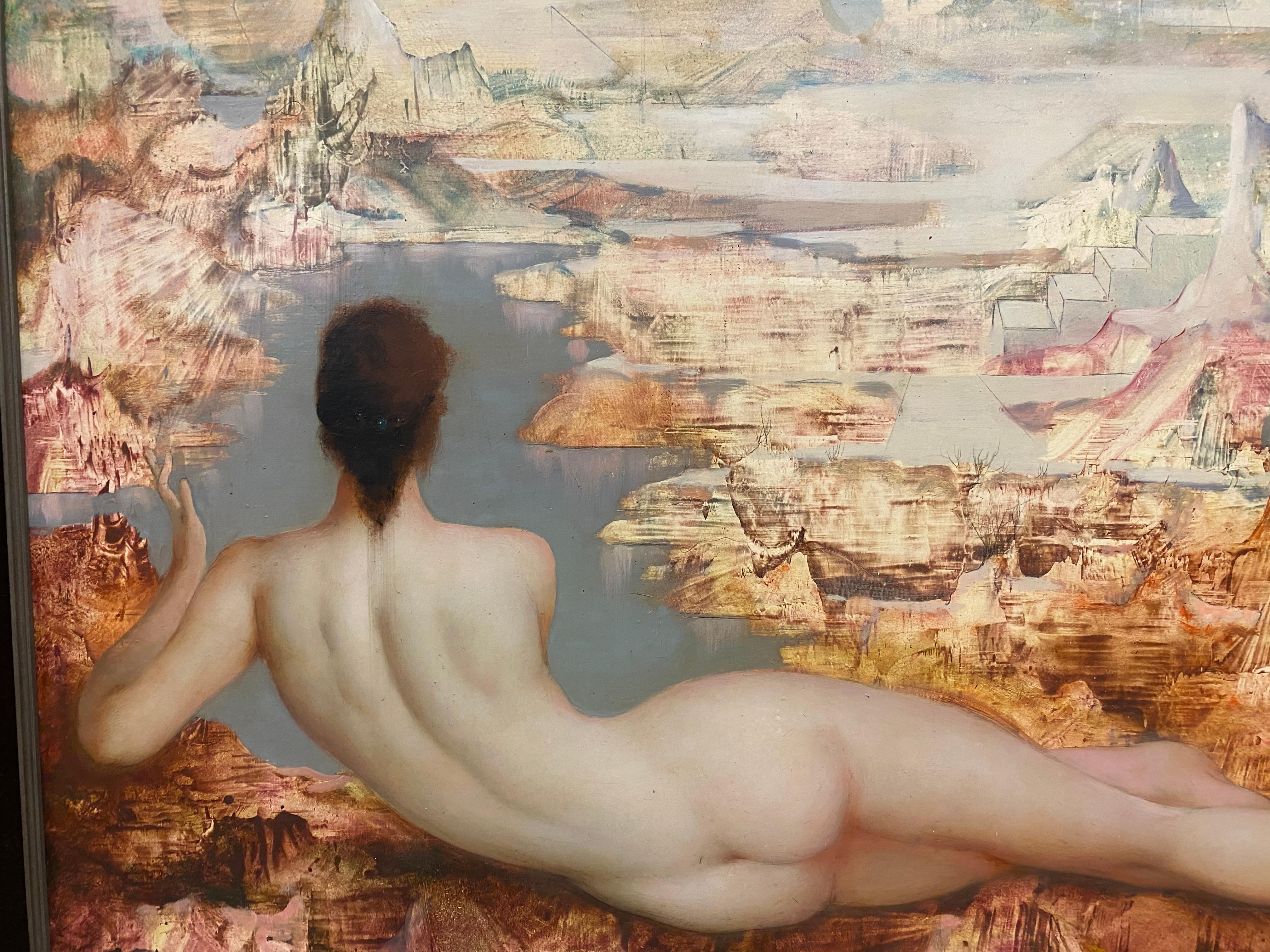 Marcel Delmotte, Öl auf Tafel, Gemälde „A L'aube Des Temps Futurs“, 1981 (Ende des 20. Jahrhunderts) im Angebot