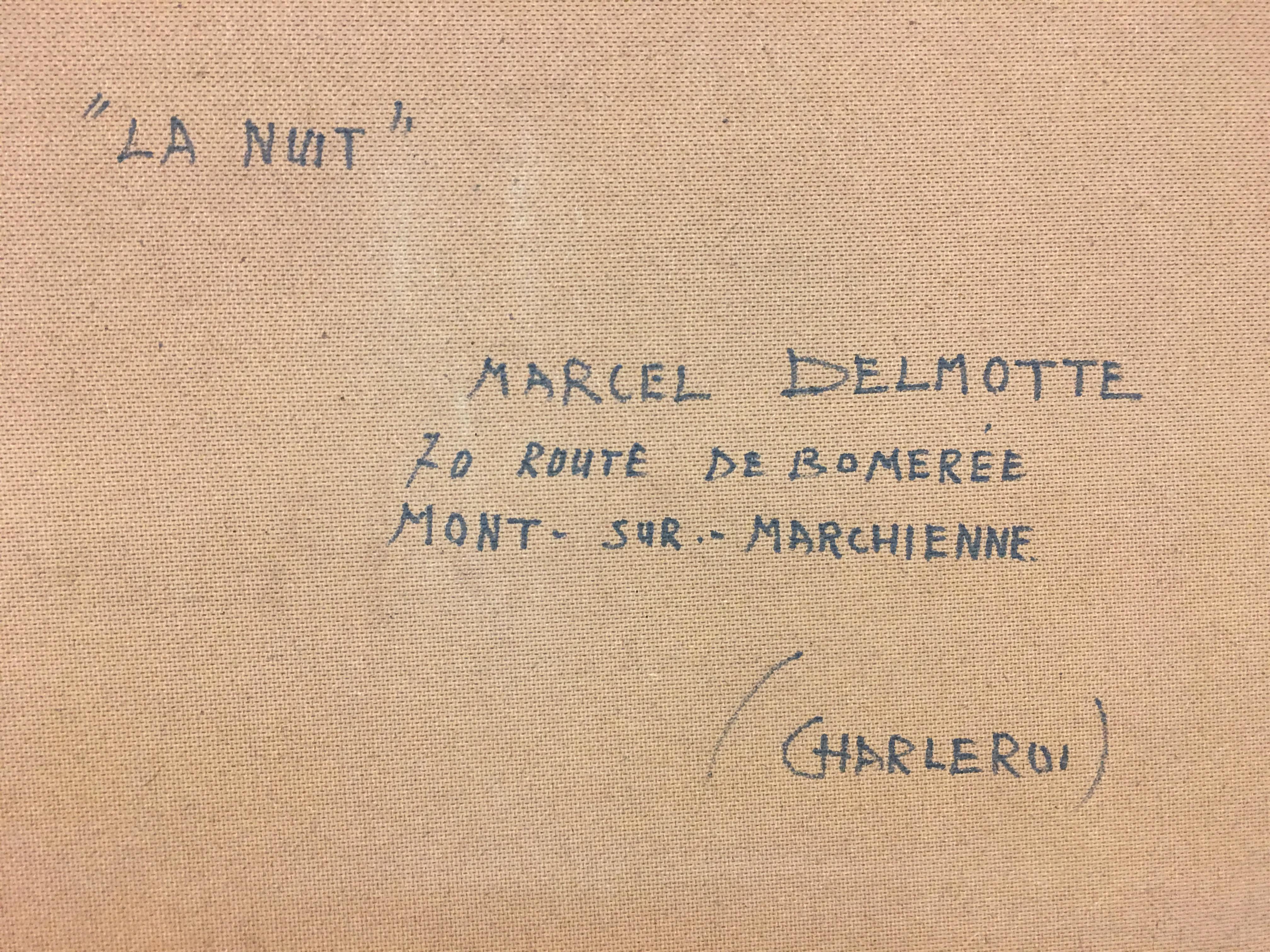 Peinture à l'huile sur panneau « L'a nuit » de Marcel Delmotte, vers 1970 en vente 6