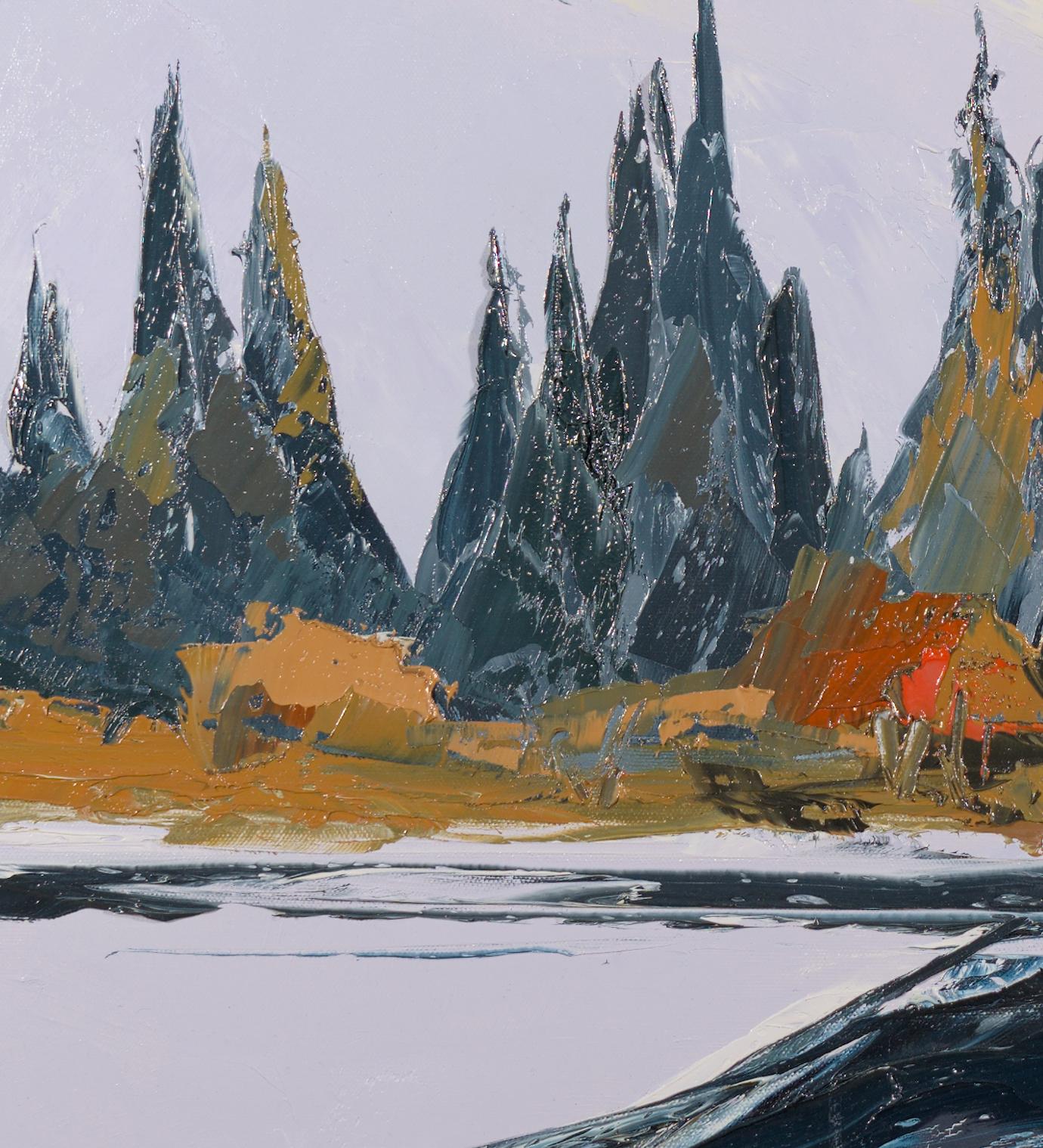 „December“, Schnee gekrönte Spitzen, Wald Fluss in Winterlandschaft, Ölgemälde (Zeitgenössisch), Painting, von Marcel Demagny
