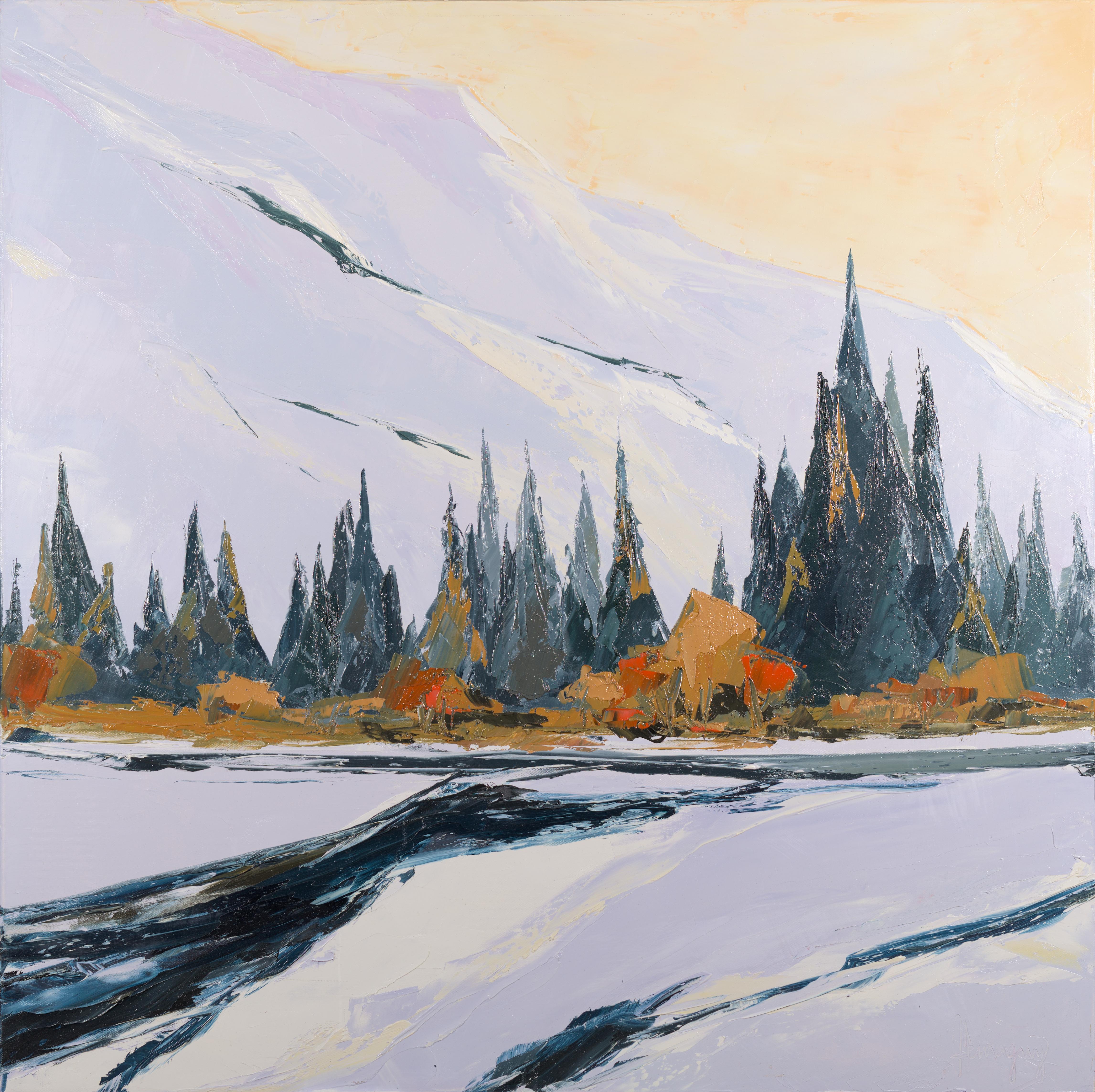 Marcel Demagny Still-Life Painting – „December“, Schnee gekrönte Spitzen, Wald Fluss in Winterlandschaft, Ölgemälde