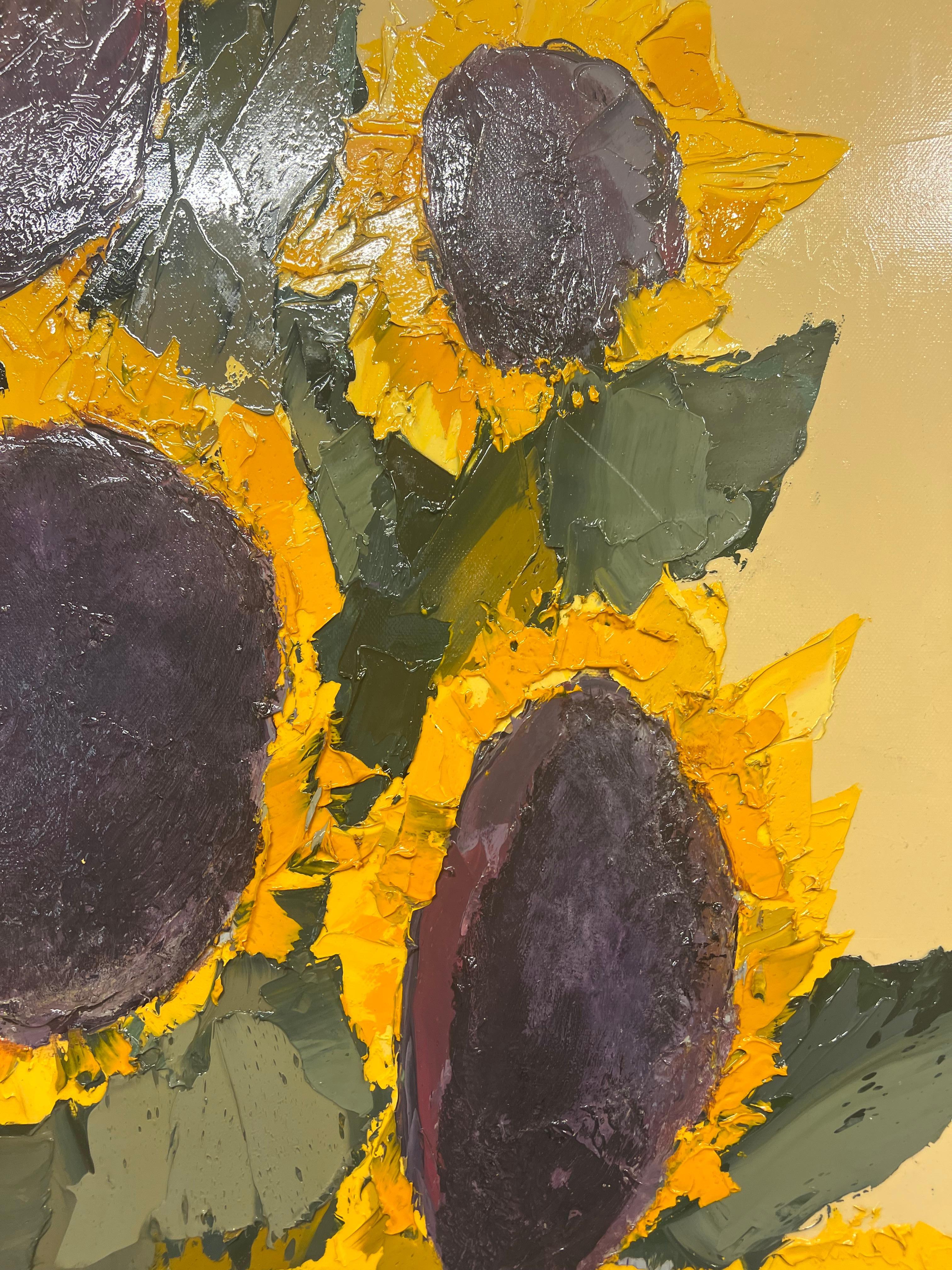 Les Tournesols (Sunflowers) - Brown Still-Life Painting by Marcel Demagny