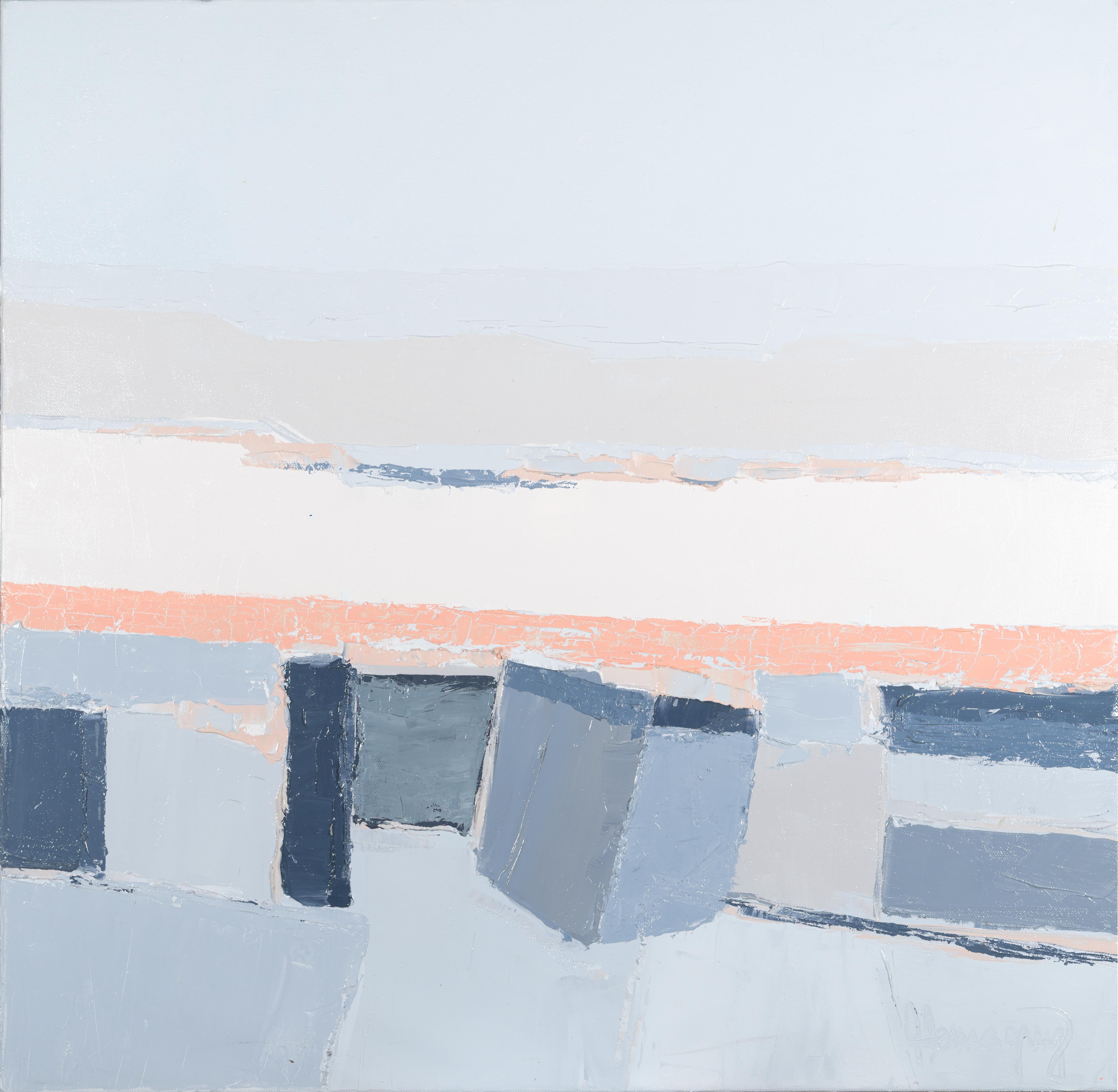 Landscape Painting Marcel Demagny - "Shoreline", Peinture à l'huile abstraite poétique aux couleurs claires contrastées et douces