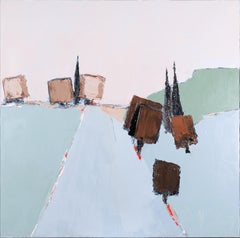 « The Road I », peinture à l'huile abstraite figurative poétique aux couleurs claires contrastées douces