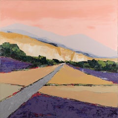 "The Road", under the Pink Sky Perspective Landscape Figurative Oil Painting