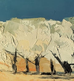 "Trees in Bloom", with White Flowers of Warm Tone under Blue Sky Oil Painting