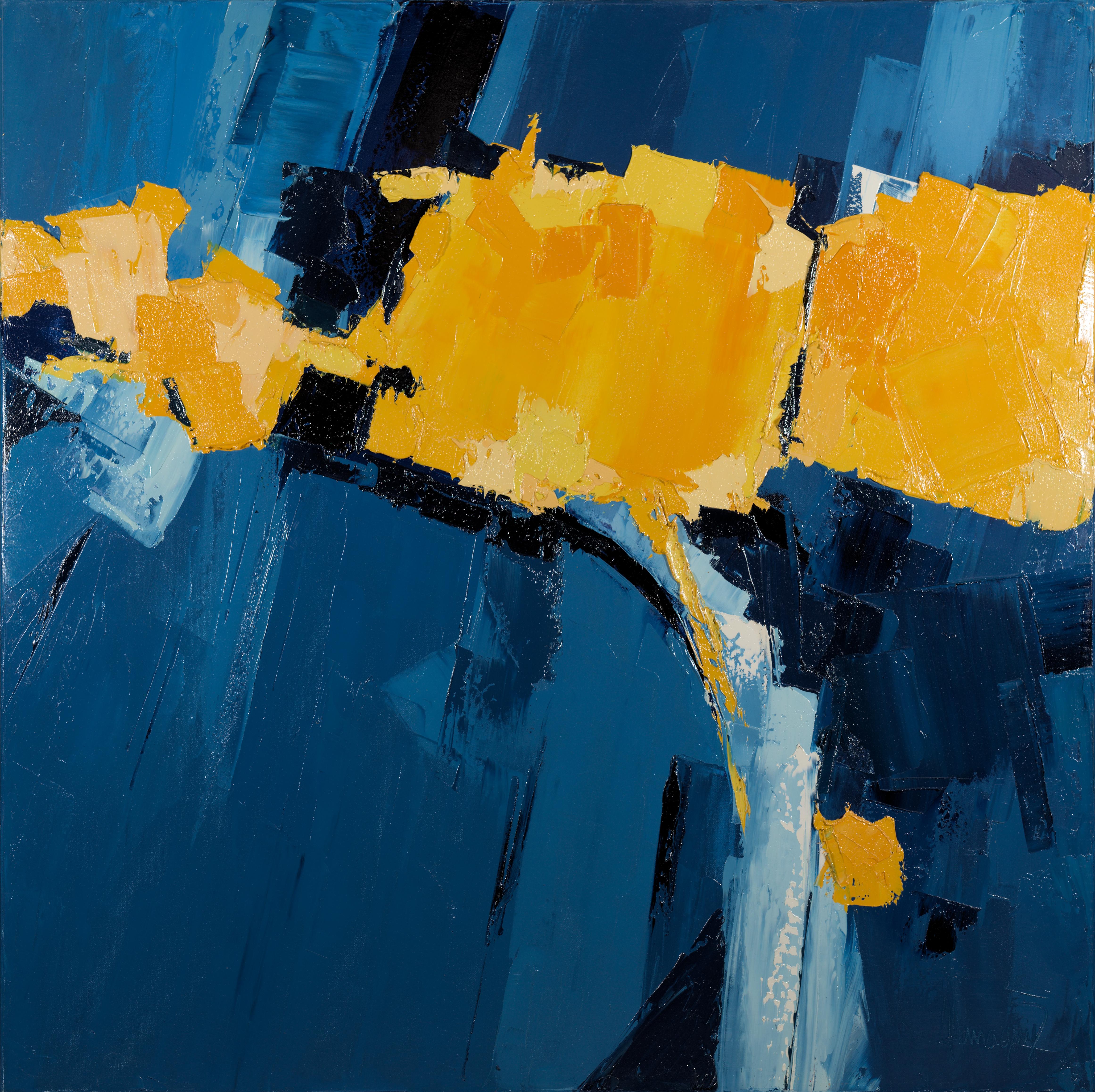 « Yellow Symphony », peinture à l'huile abstraite du mouvement musical bleu contrasté - Contemporain Painting par Marcel Demagny