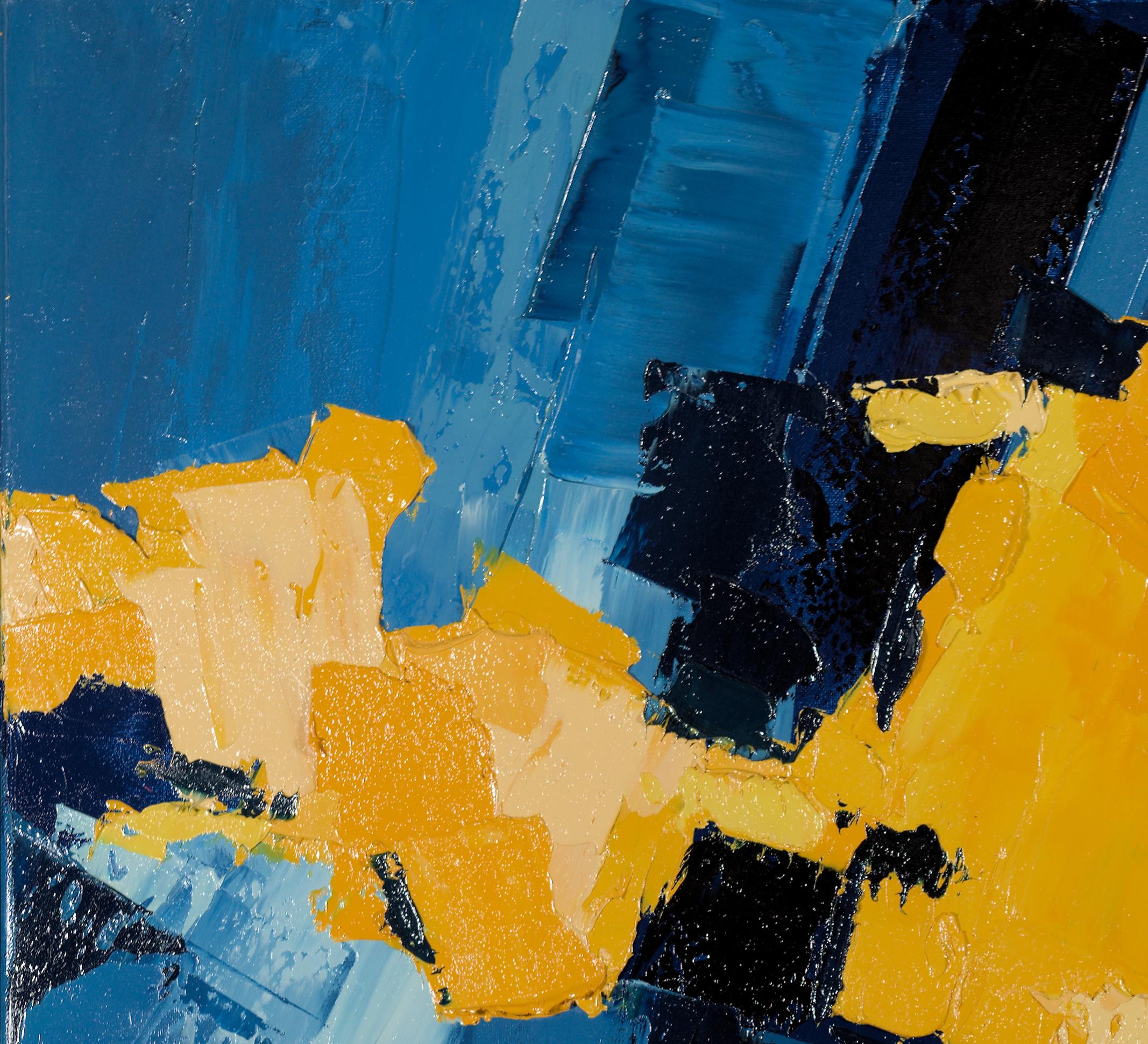 Abstraktes Ölgemälde „Yellow Symphony“, Kontrastblaues Gemälde der Musikbewegung (Blau), Figurative Painting, von Marcel Demagny