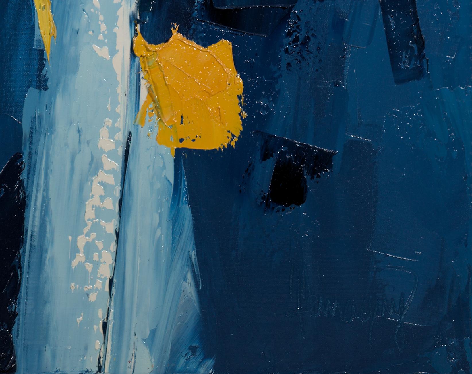 Abstraktes Ölgemälde „Yellow Symphony“, Kontrastblaues Gemälde der Musikbewegung im Angebot 2