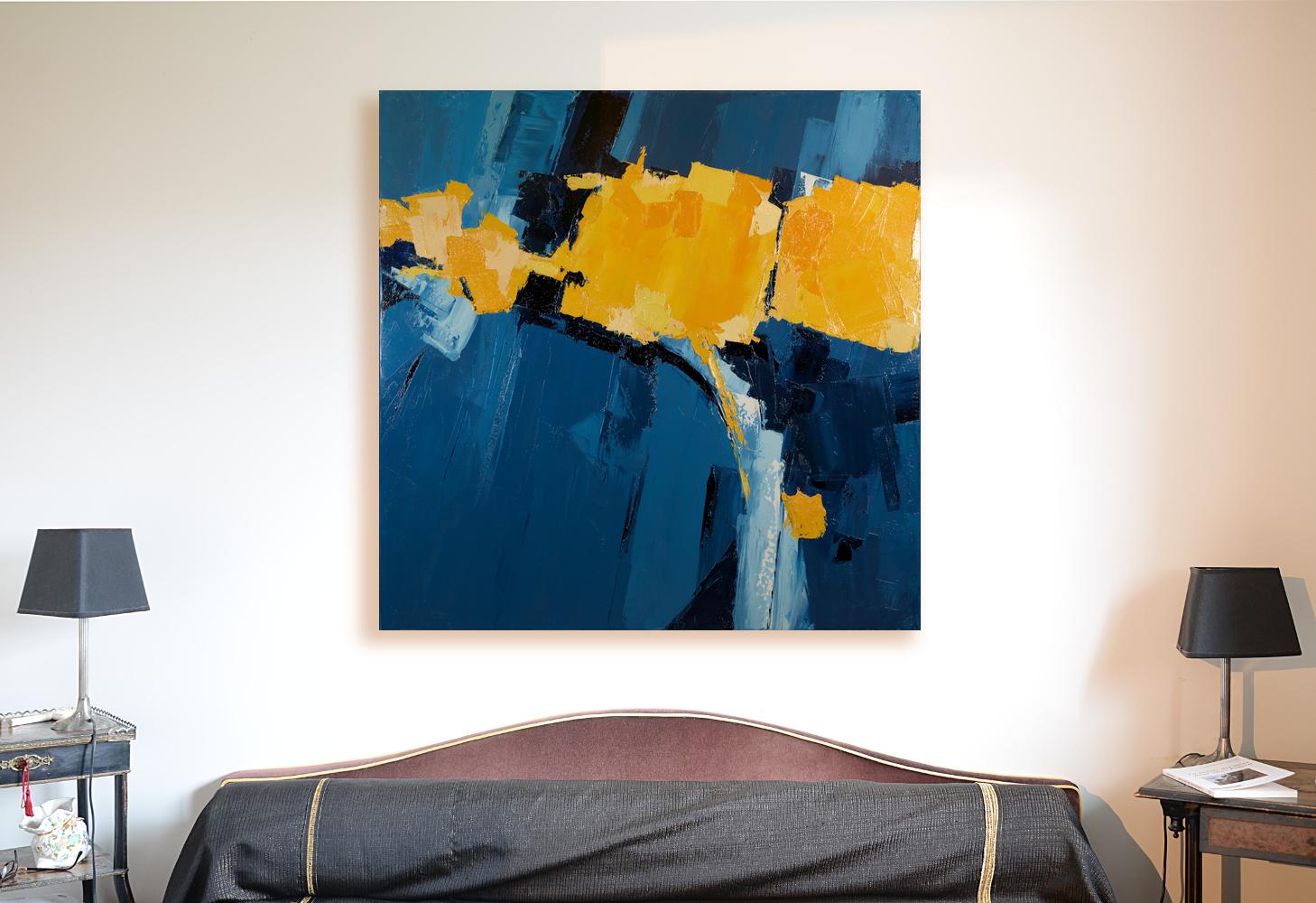 Abstraktes Ölgemälde „Yellow Symphony“, Kontrastblaues Gemälde der Musikbewegung – Painting von Marcel Demagny