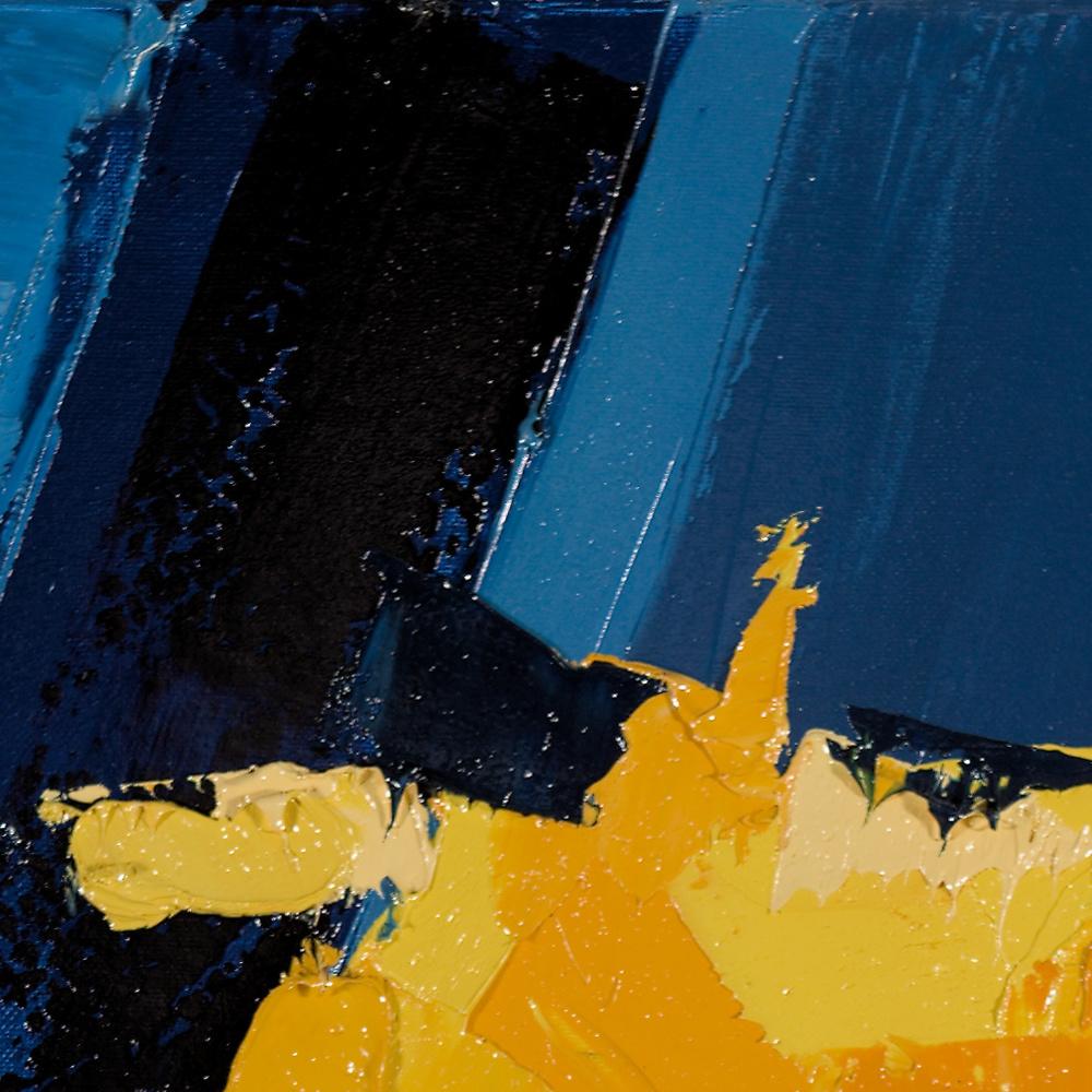 Abstraktes Ölgemälde „Yellow Symphony“, Kontrastblaues Gemälde der Musikbewegung im Angebot 4