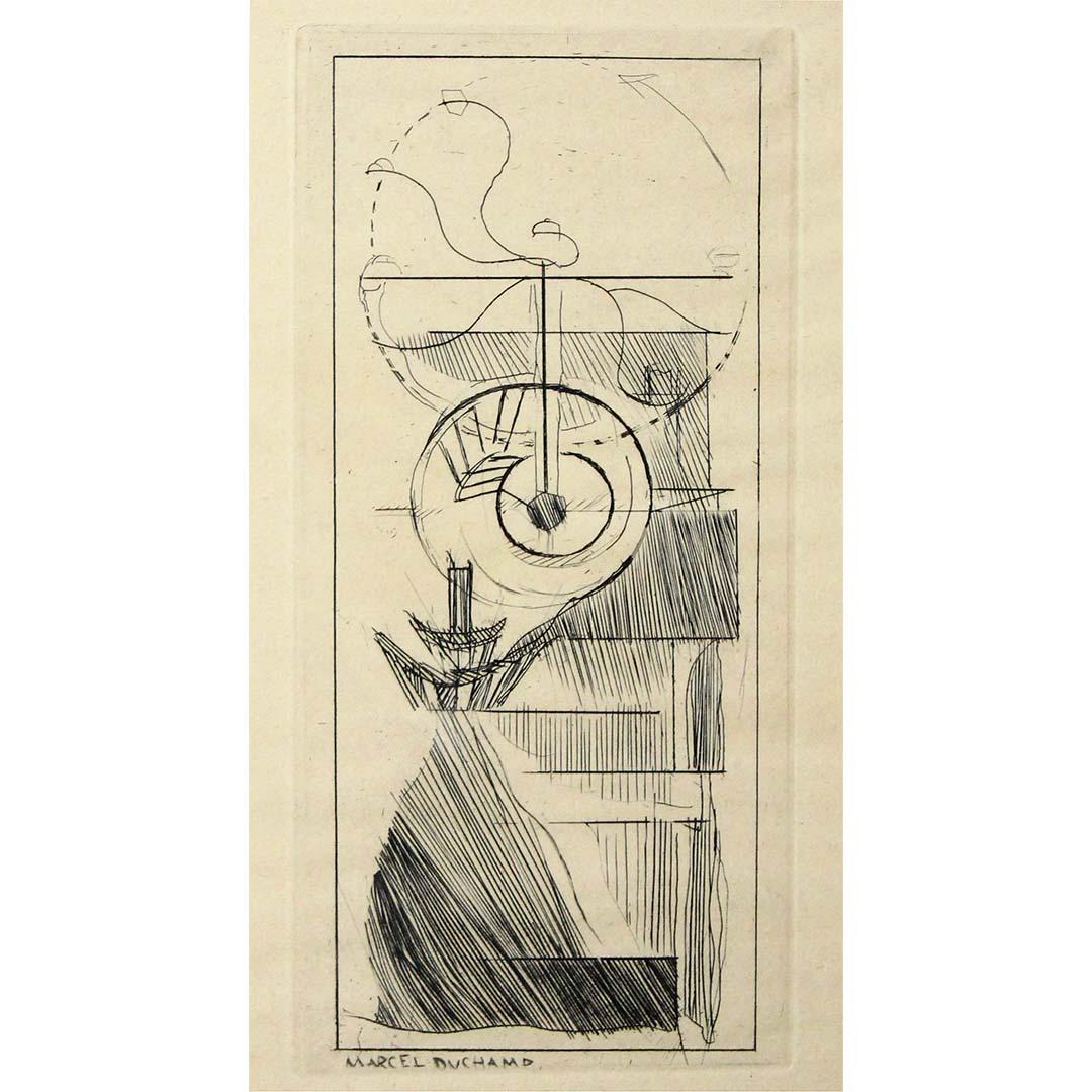 Dieser seltene Originalstich von Marcel Duchamp aus dem Jahr 1947 mit dem Titel Kaffeemühle ist ein hervorragendes Beispiel für seine konzeptionelle Herangehensweise an mechanische Bilder und die Ästhetik des Dadaismus. Dieser vom Künstler signierte