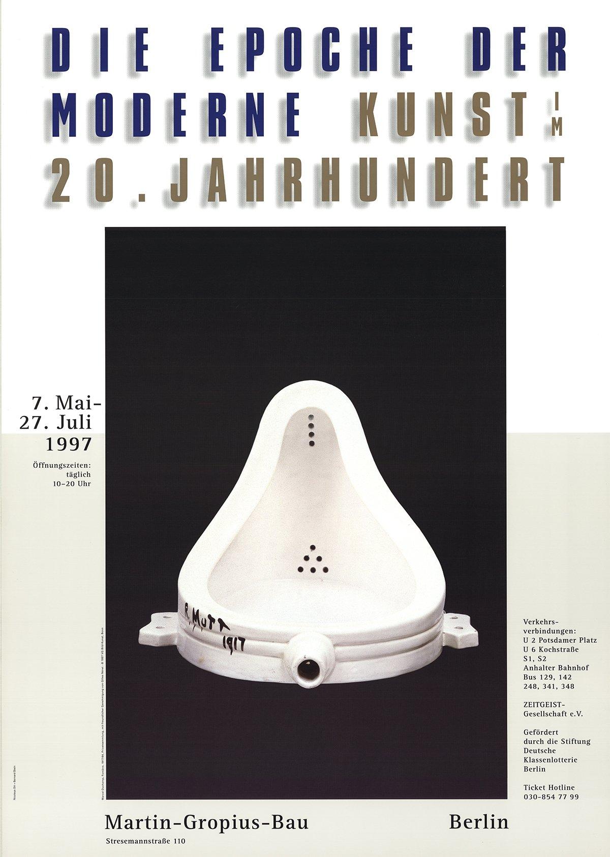 Original exhibition poster for "Die Epoche der Moderne Kunst im 20. Jahrhundert" (translated as "The Era of Modern Art in the 20th Century"), held from May 7 to July 7, 1997, at the renowned Martin-Gropius-Bau in Berlin. This striking piece features