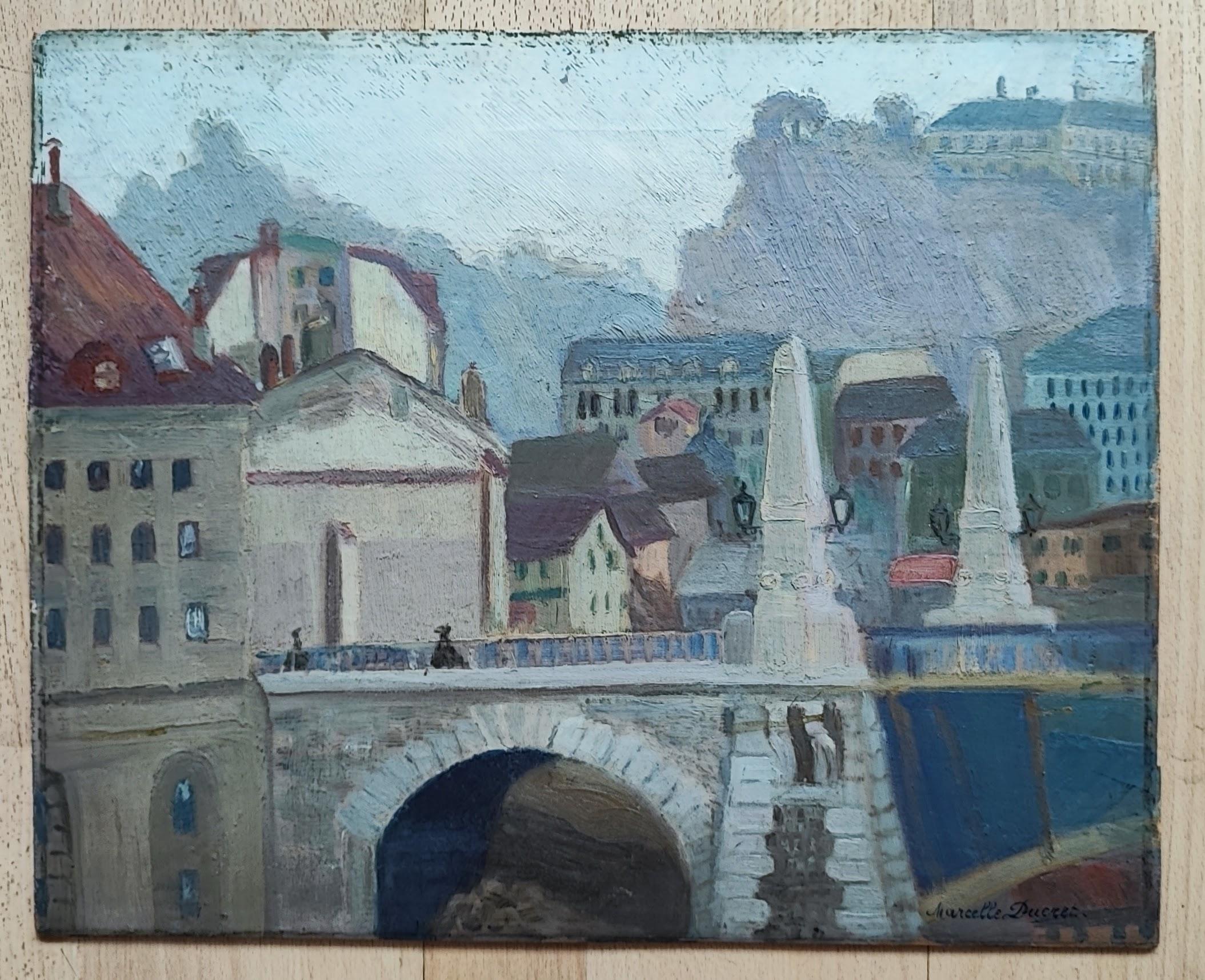 Landscape at the old bridge - Painting by Marcel Ducret