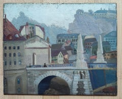 Landscape at the Old Bridge, Oil on Wood, Mid-20th Century, Unframed