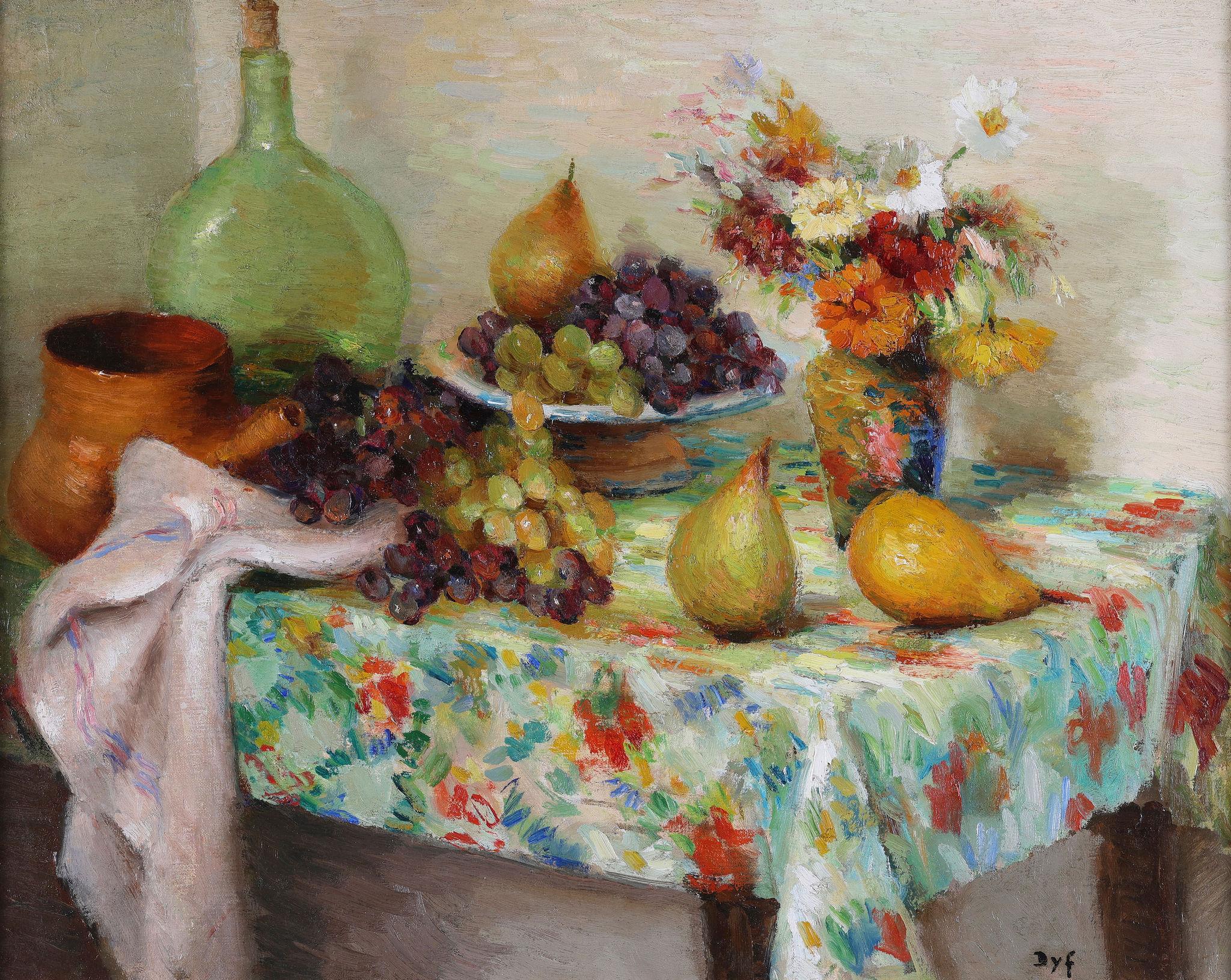 Natura morta di frutta, fiori e vasi su un tavolo di Marcel Dyf. Olio su tela in vendita 1