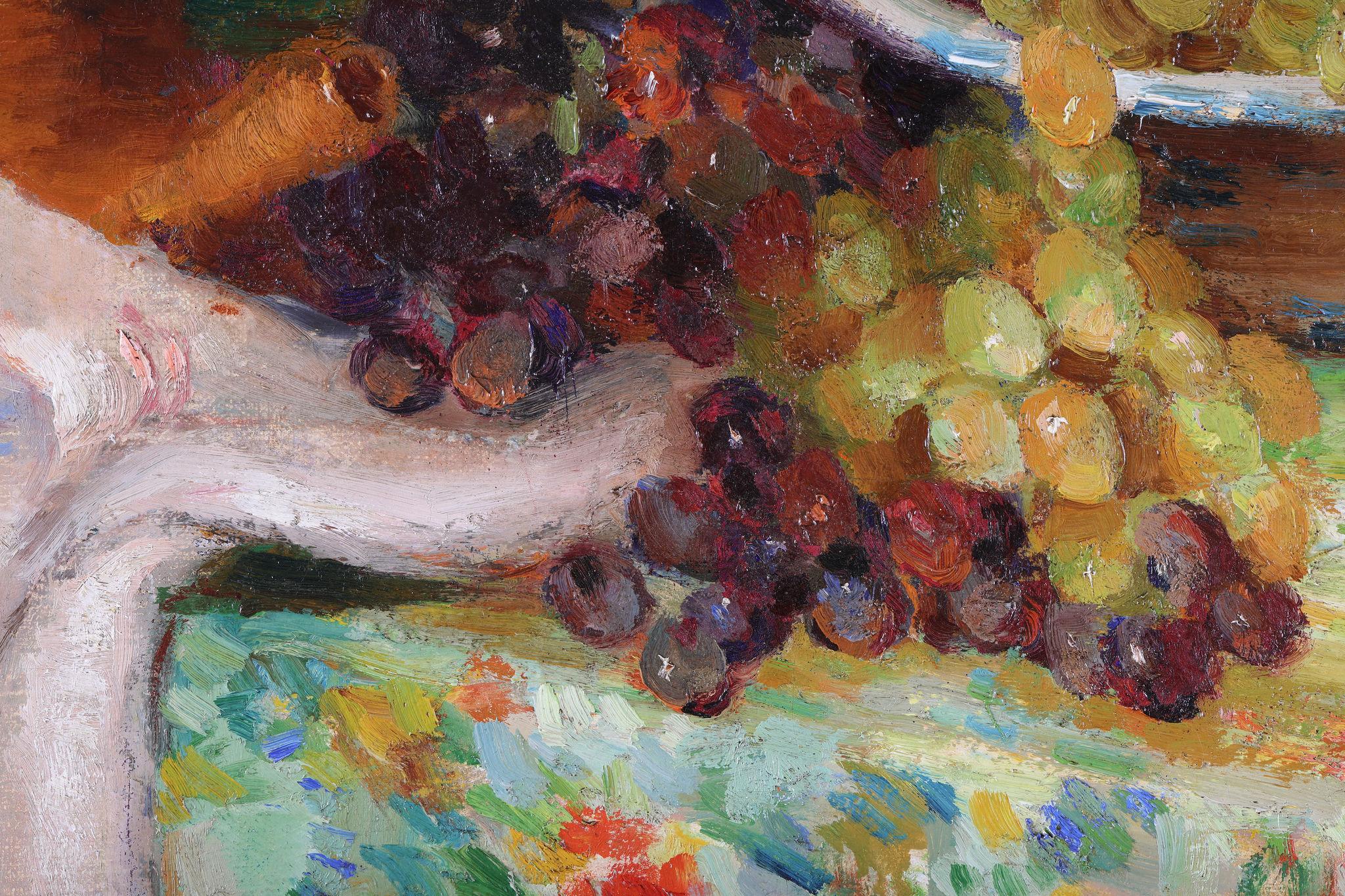 Natura morta di frutta, fiori e vasi su un tavolo di Marcel Dyf. Olio su tela in vendita 2
