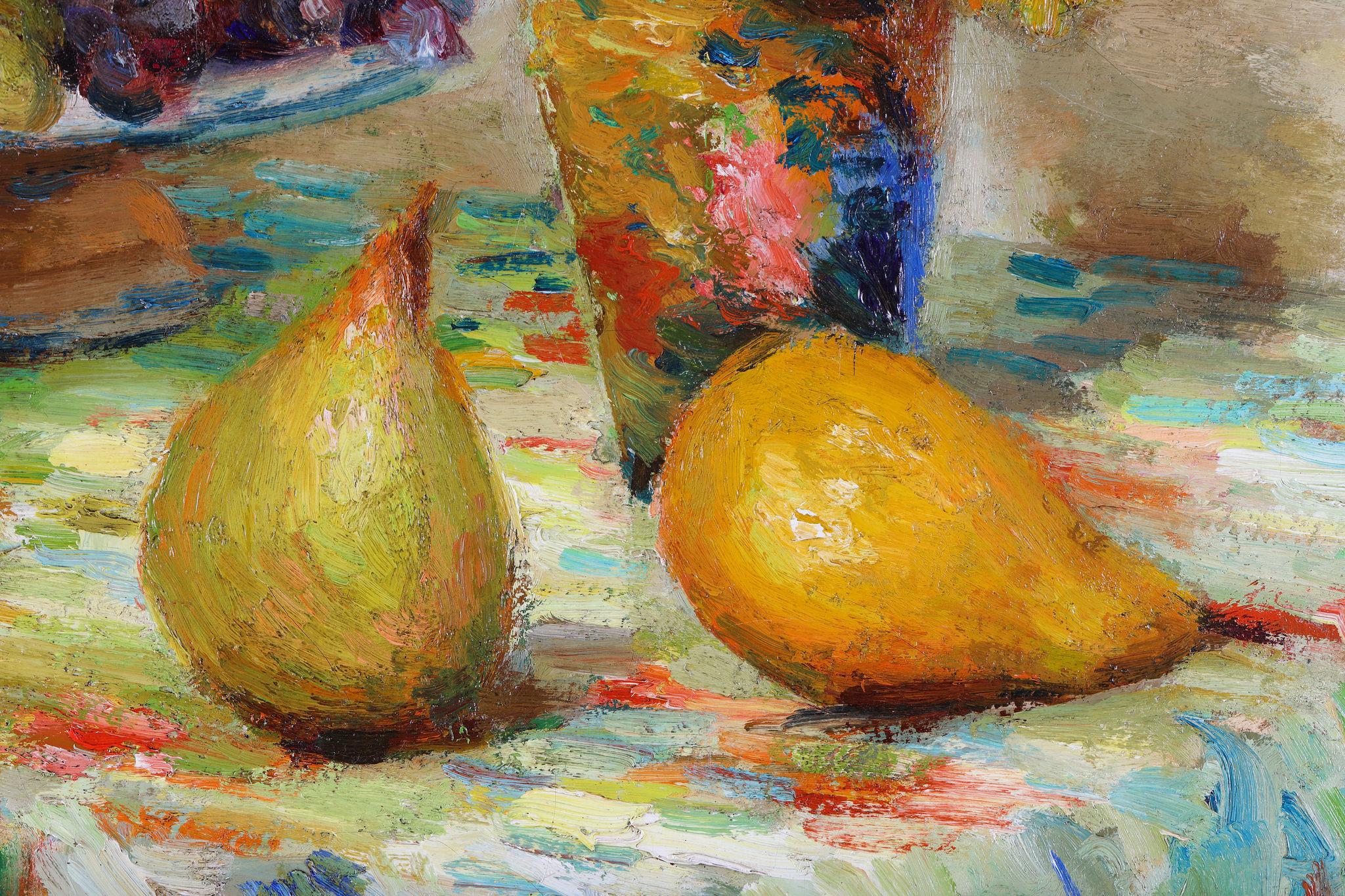 Natura morta di frutta, fiori e vasi su un tavolo di Marcel Dyf. Olio su tela in vendita 3