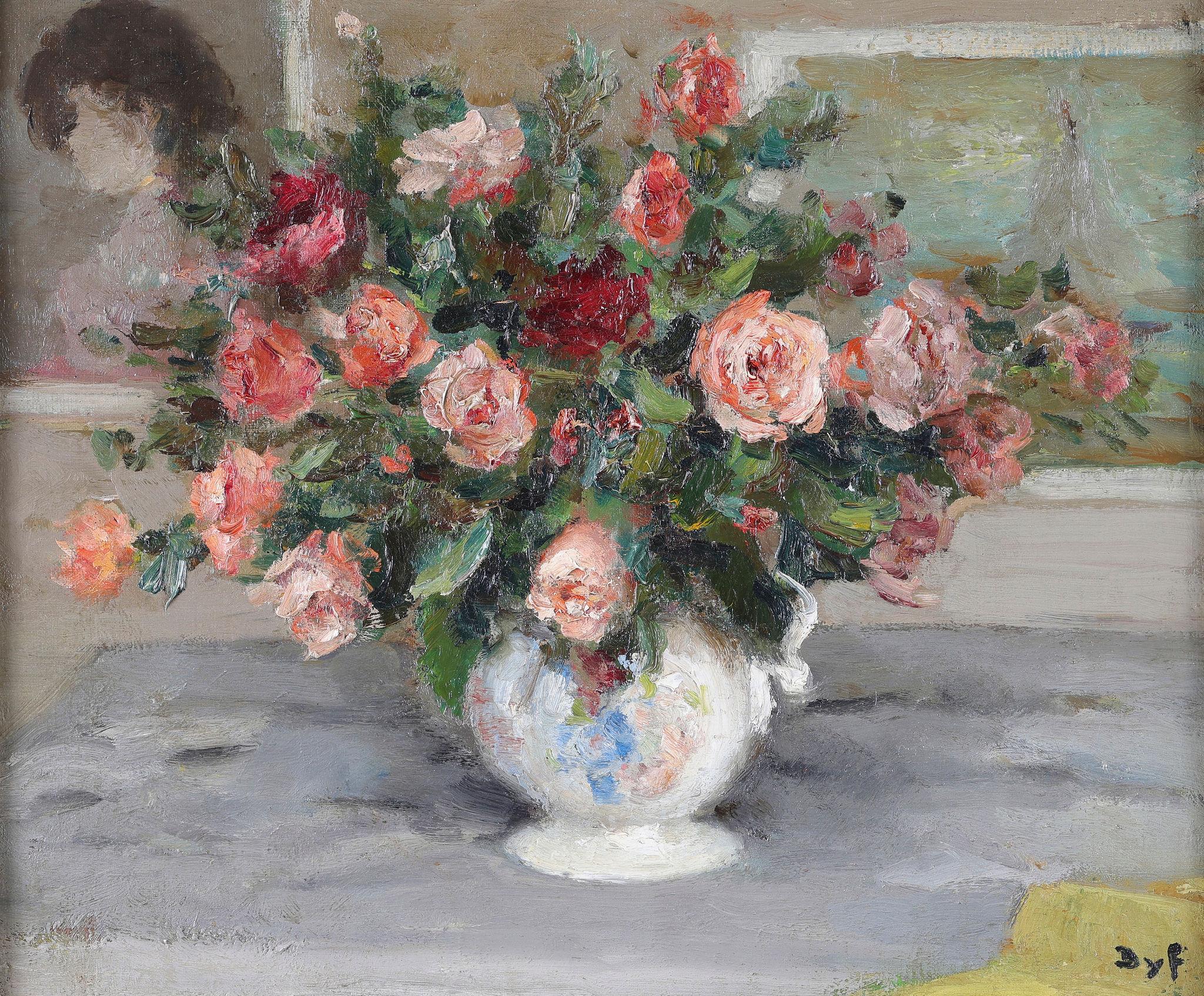 Nature morte de roses dans un vase en céramique. Une huile sur toile - Painting de Marcel Dyf