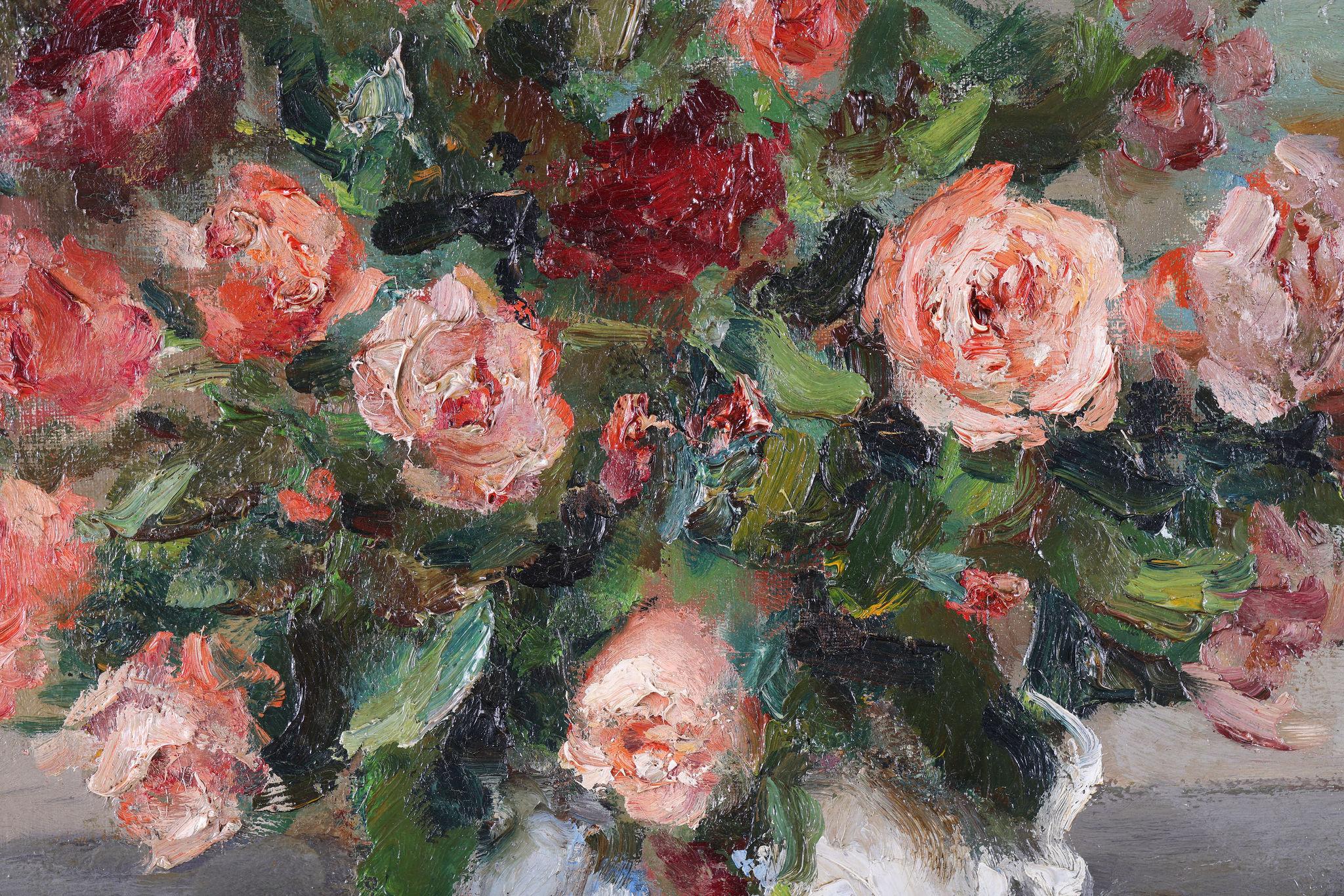 Nature morte de roses dans un vase en céramique. Une huile sur toile - Impressionnisme Painting par Marcel Dyf