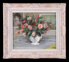 Vintage A Still Life of Roses in a Ceramic Vase. An oil on canvas