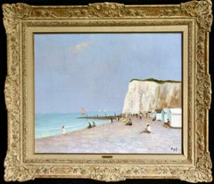 Vintage Bathers under the cliffs - Post Impressionist Oil, Beach Seascape by Marcel Dyf