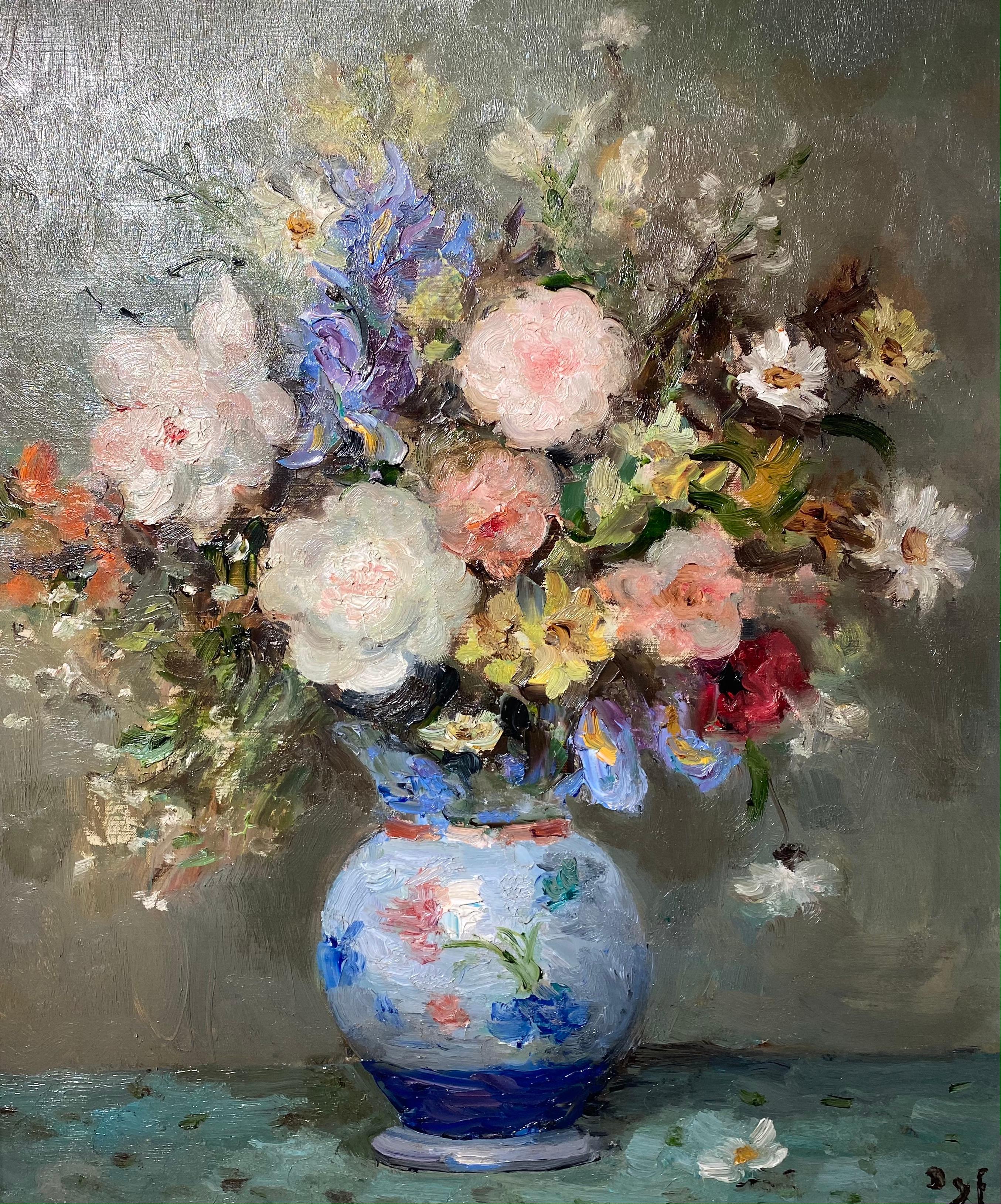 'Blue Iris' 20th Century Still Life painting of Roses, Iris & Daisies, Green