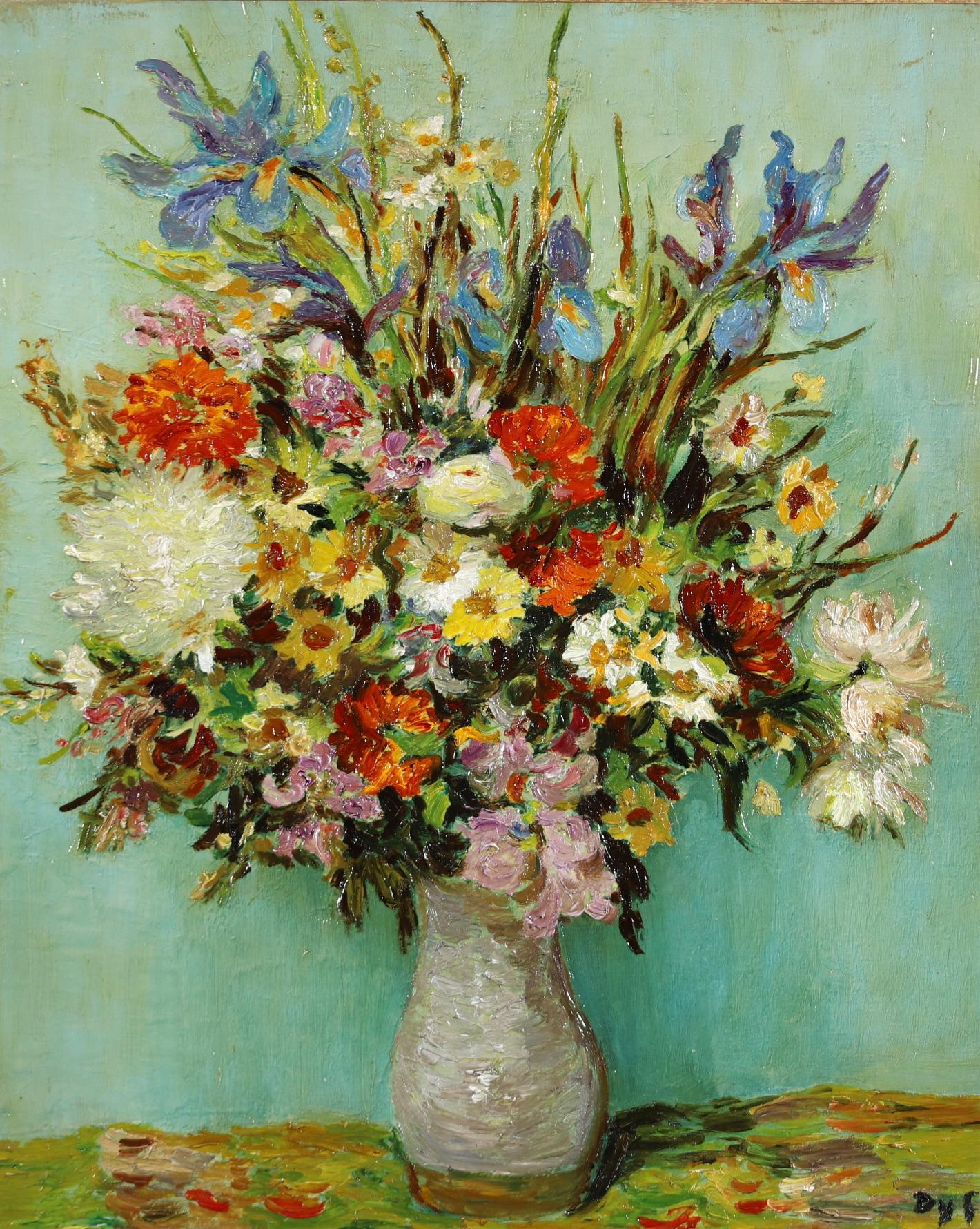 Signed post impressionist still life oil on canvas circa 1950 by sought after French impressionist painter Marcel Dyf. The work depicts a ceramic vase filled with colour flowers set against a turquoise background. A wonderful piece in the artist's