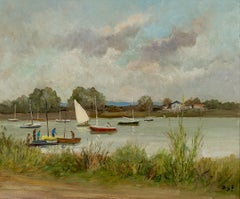 Bretagne beautiful landscape of french Provence, boat, lake and figures, green