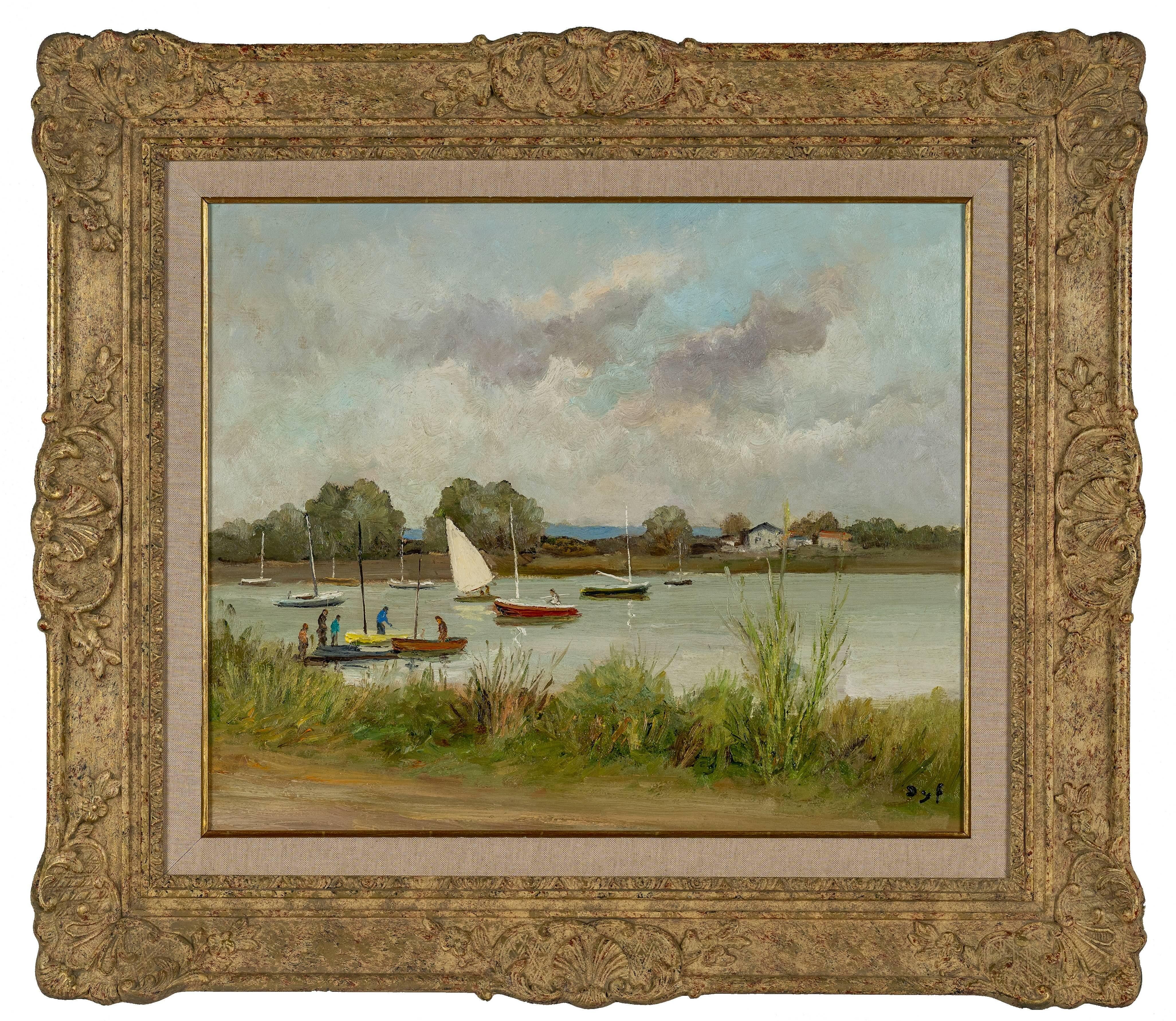 Landscape Painting di Marcel Dyf - Bretagne bellissimo paesaggio della Provenza francese, barca, lago e figure, verde