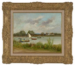Bretagne beautiful landscape of french Provence, boat, lake and figures, green