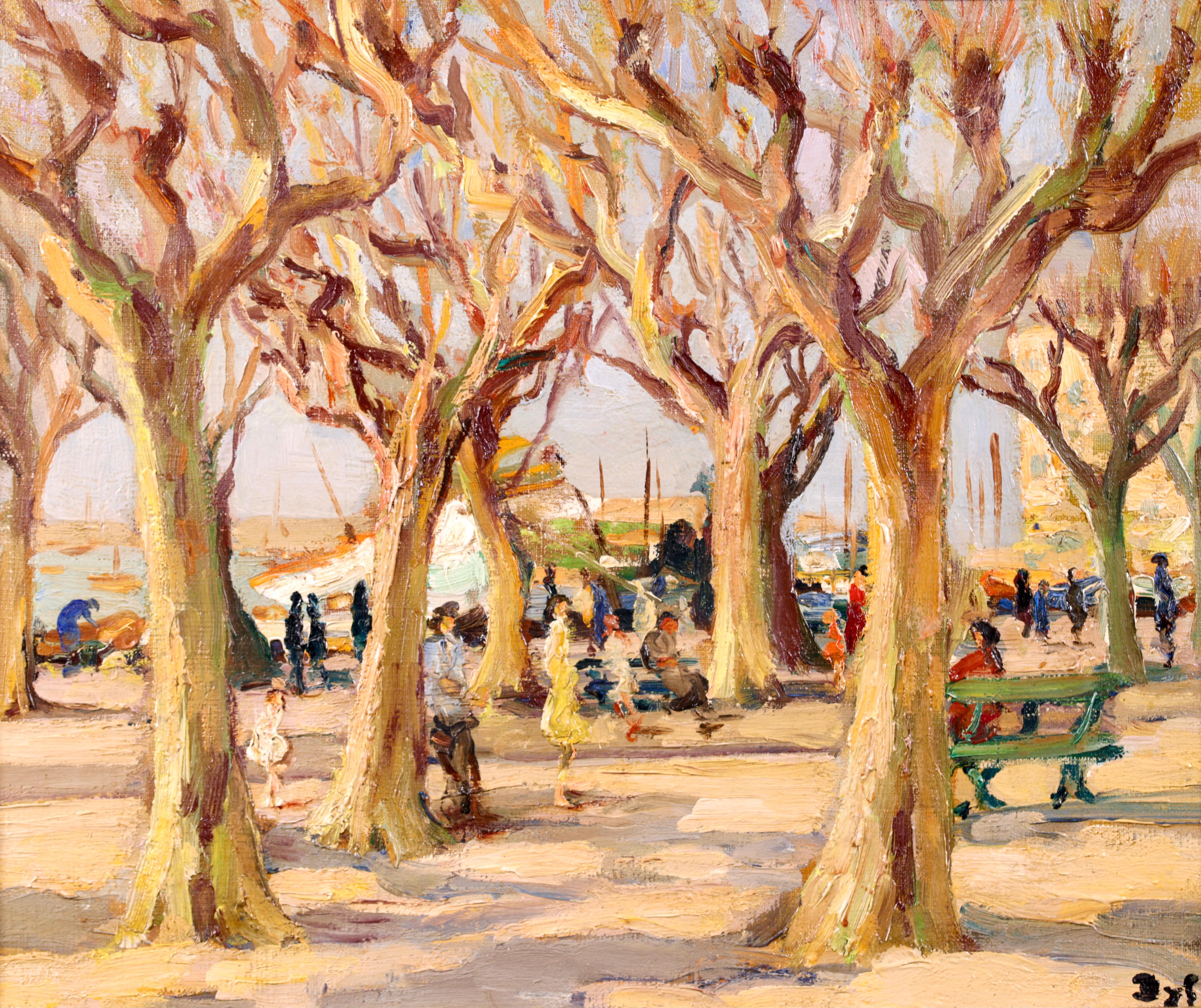 Figures dans un paysage signé, huile sur toile vers 1940 par le très recherché peintre post-impressionniste français Marcel Dyf. L'œuvre représente des personnes profitant d'une journée ensoleillée d'hiver sur le port de Cannes, sur la Côte d'Azur,