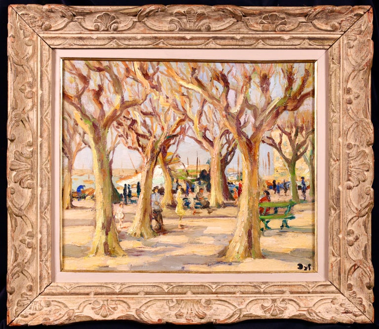 Signed figures in landscape oil on canvas circa 1940 by sought after French post impressionist painter Marcel Dyf. The piece depicts people enjoying a sunny winter's day at the port in Cannes on the French Riviera in the south of France. There are