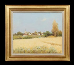 Champ de Bleu French Landscape painting Provence, golden cornfield, flowers