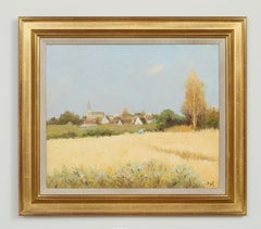 Champ de Bleu French Landscape painting Provence, golden cornfield, flowers