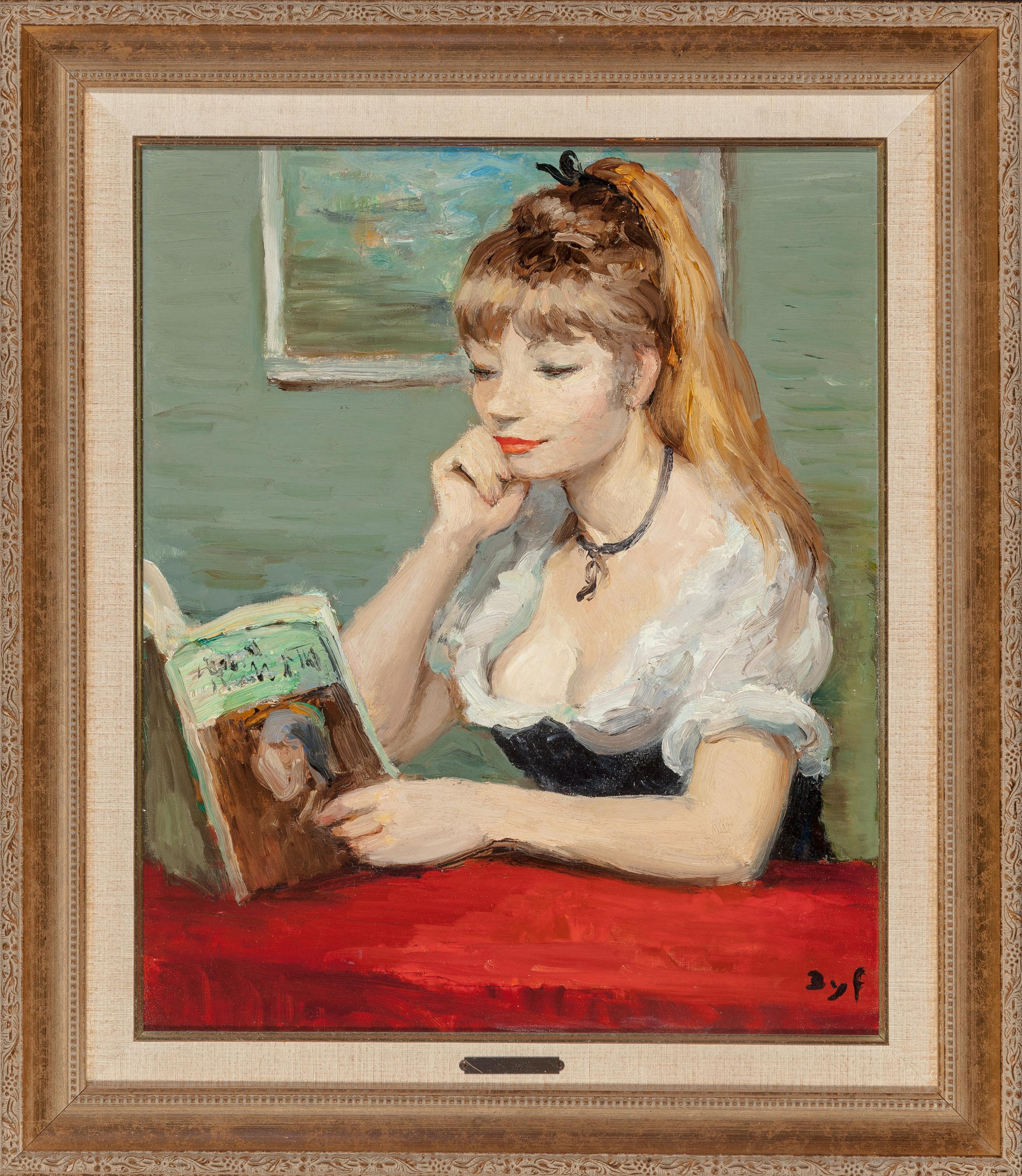Marcel Dyf Portrait Painting - "Claudine à la lecture" Oil on Canvas 21 3/4 x 18  rare Claudine girl book