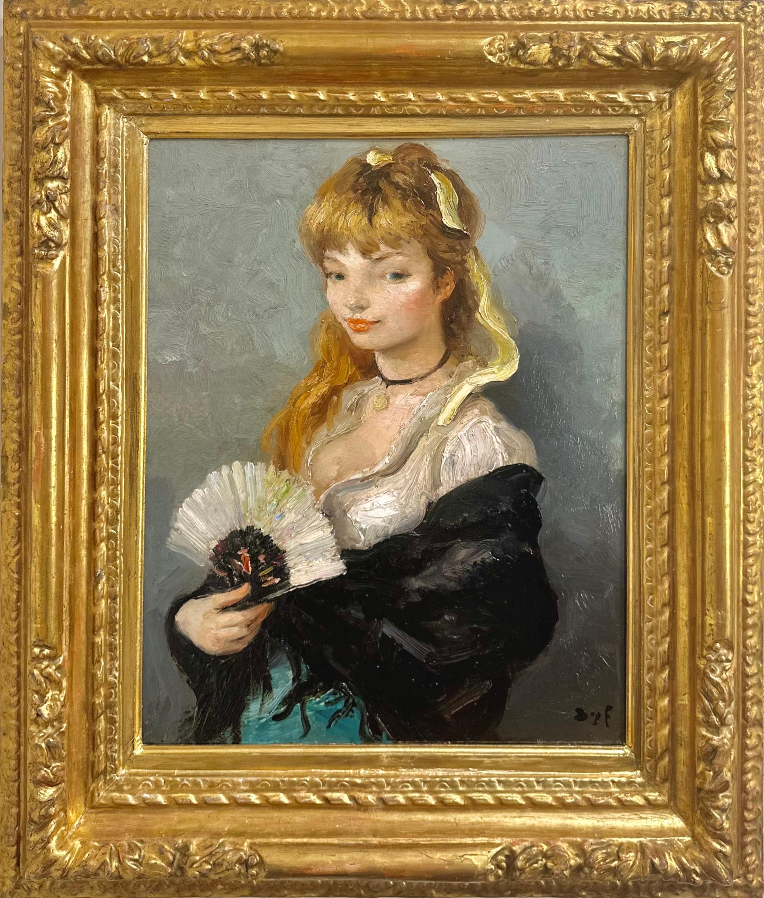 Claudine con ventaglio - Painting di Marcel Dyf