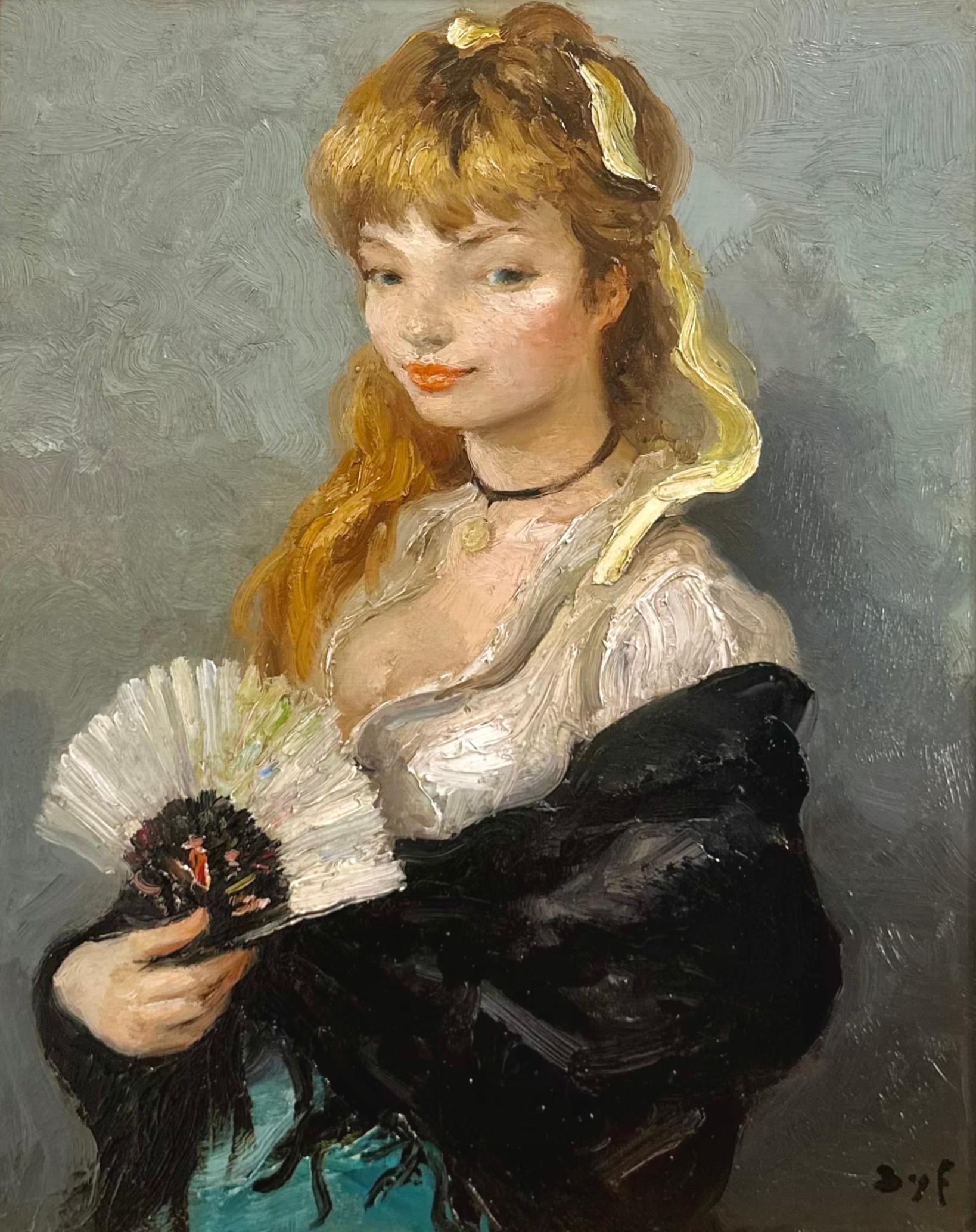 Portrait Painting di Marcel Dyf - Claudine con ventaglio