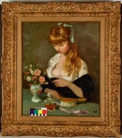 Vintage "Claudine With Flowers" Oil on Canvas 21 1/2 x 18
