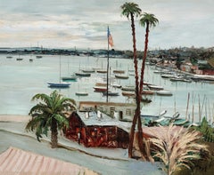 Club American, Antibes Harbour landscape painting of French Riviera, Boats Water