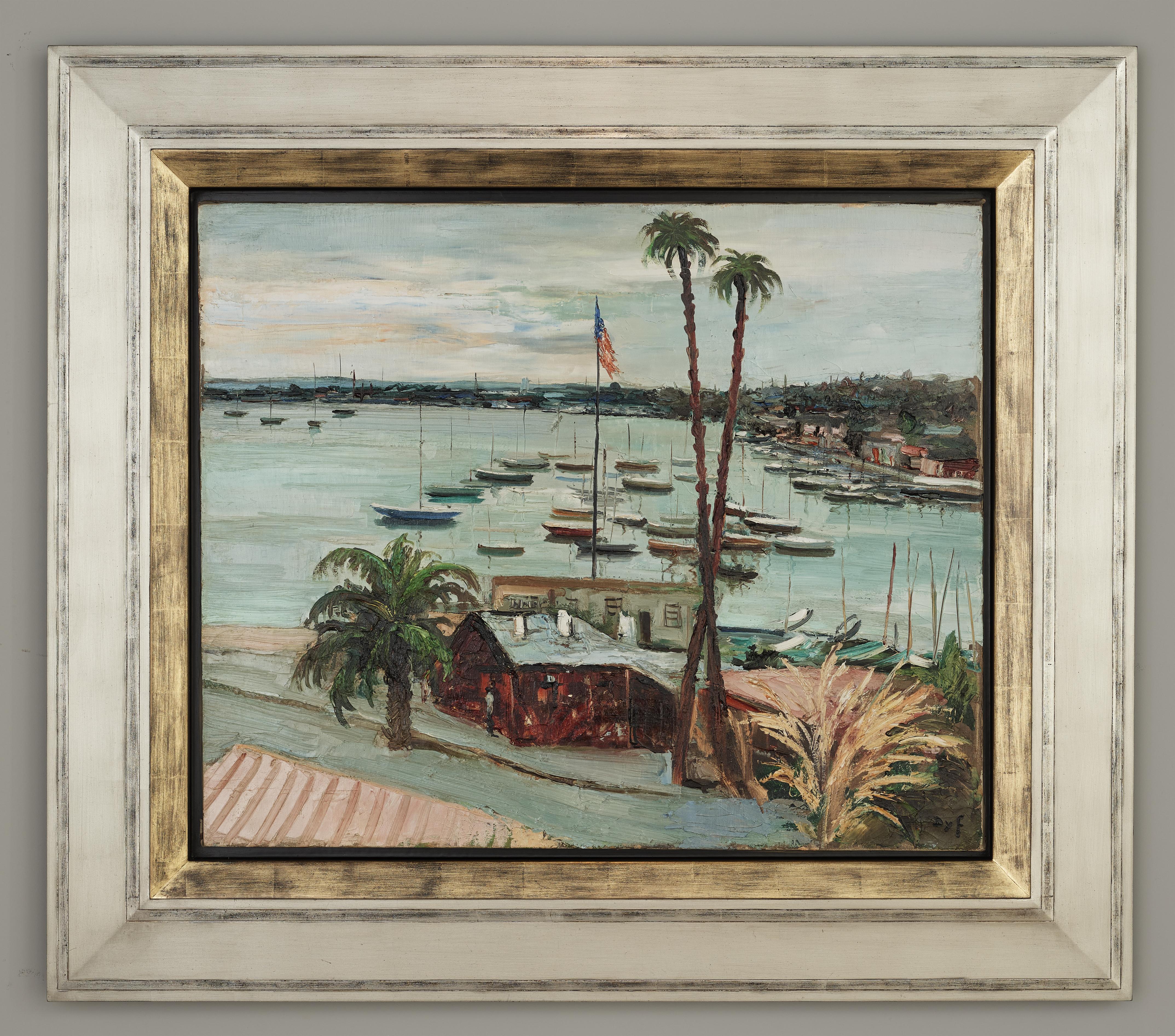 Marcel Dyf Landscape Painting – Club American, Antibes Harbour Landschaftsgemälde der französischen Riviera, Boote Wasser