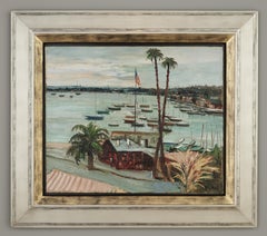 Club American, Antibes Harbour Landschaftsgemälde der französischen Riviera, Boote Wasser