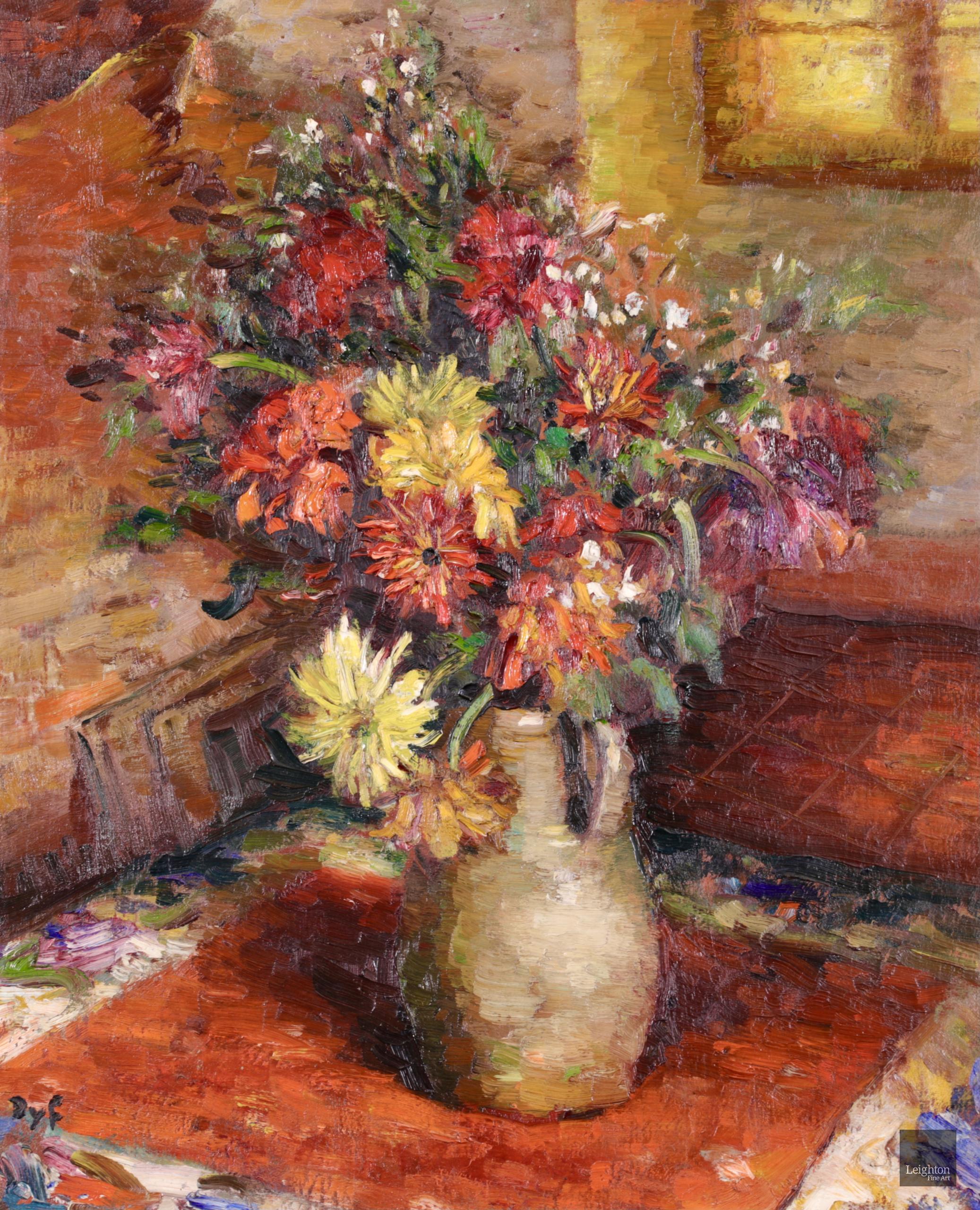 Dalias en una jarra - Óleo postimpresionista, bodegón Flores de Marcel Dyf 1
