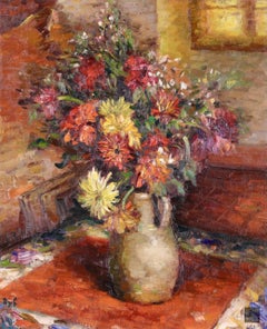 Dahlias in a Pitcher - Post Impressionist Oil, Still Life Flowers by Marcel Dyf